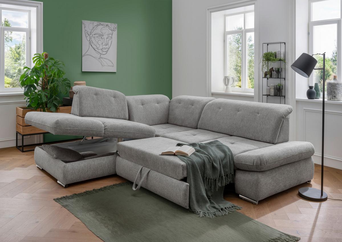Ecksofa mit Schlaffunktion Dalida Silberfarben - Chromfarben/Silberfarben, Design, Textil (254/280cm) - Livetastic