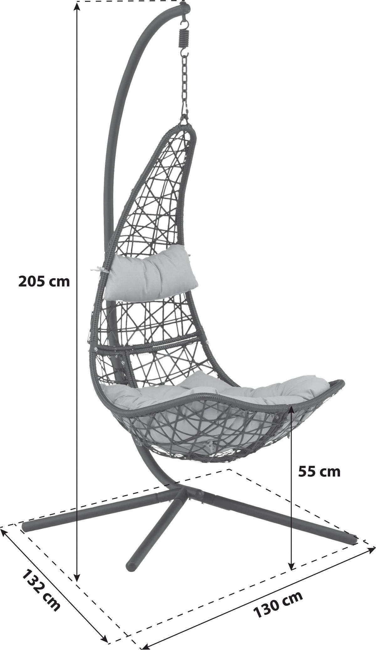 Hängesessel +gestell Edinburgh Mit Sitz- und Rückenkissen - Schwarz/Grau, KONVENTIONELL, Kunststoff (132/205/130cm) - Gardenson