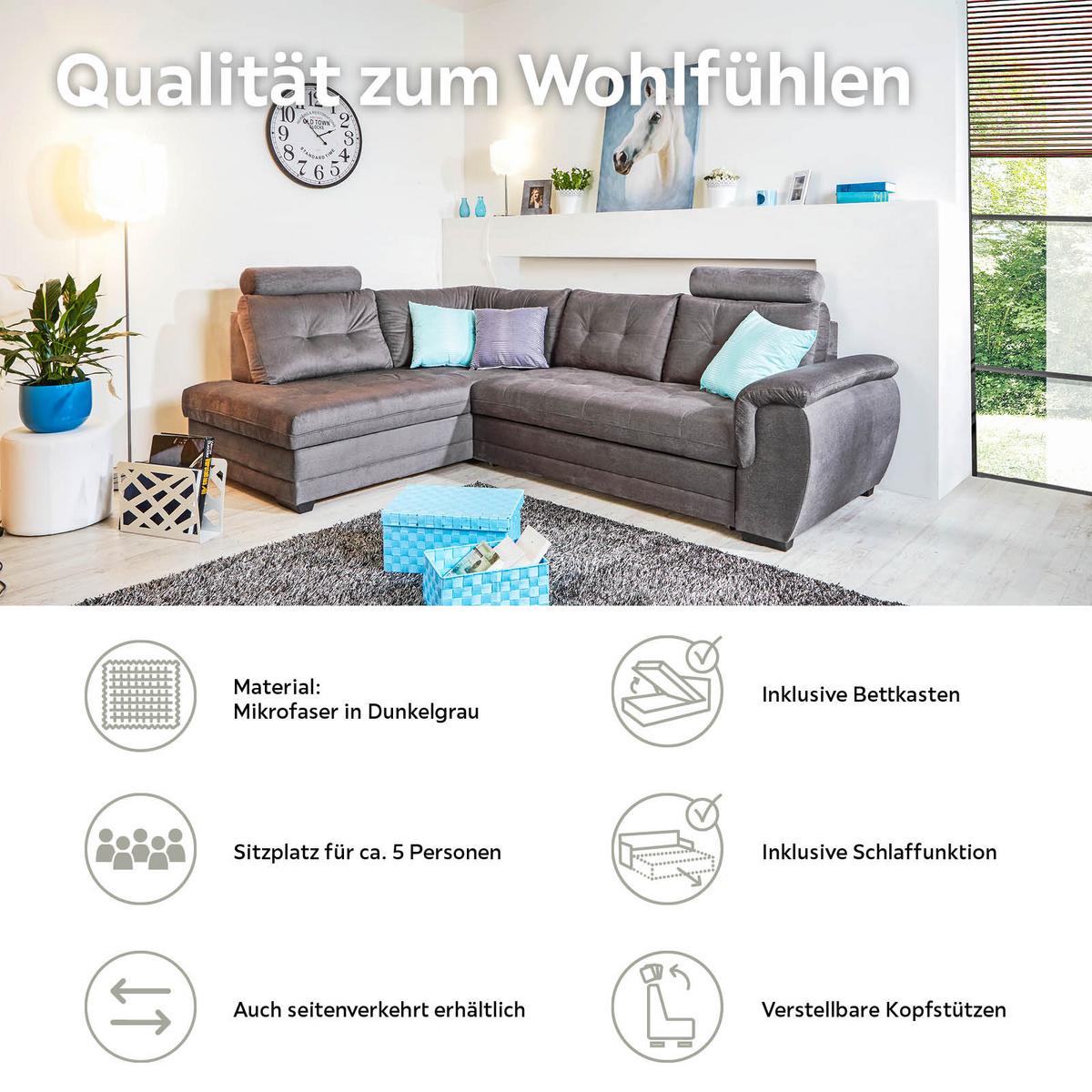 Ecksofa mit Schlaffunktion + Bettkasten Falco, Mikrofaser - Dunkelgrau/Dunkelbraun, KONVENTIONELL, Textil (183/251cm) - Ondega