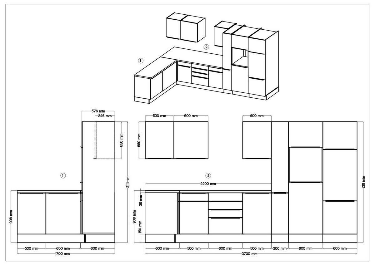 Eckküche Respekta mit Geräten 370x170 cm Weiß Hochglanz - Weiß Hochglanz/Eiche Artisan, LIFESTYLE, Holzwerkstoff (170/370cm) - Respekta