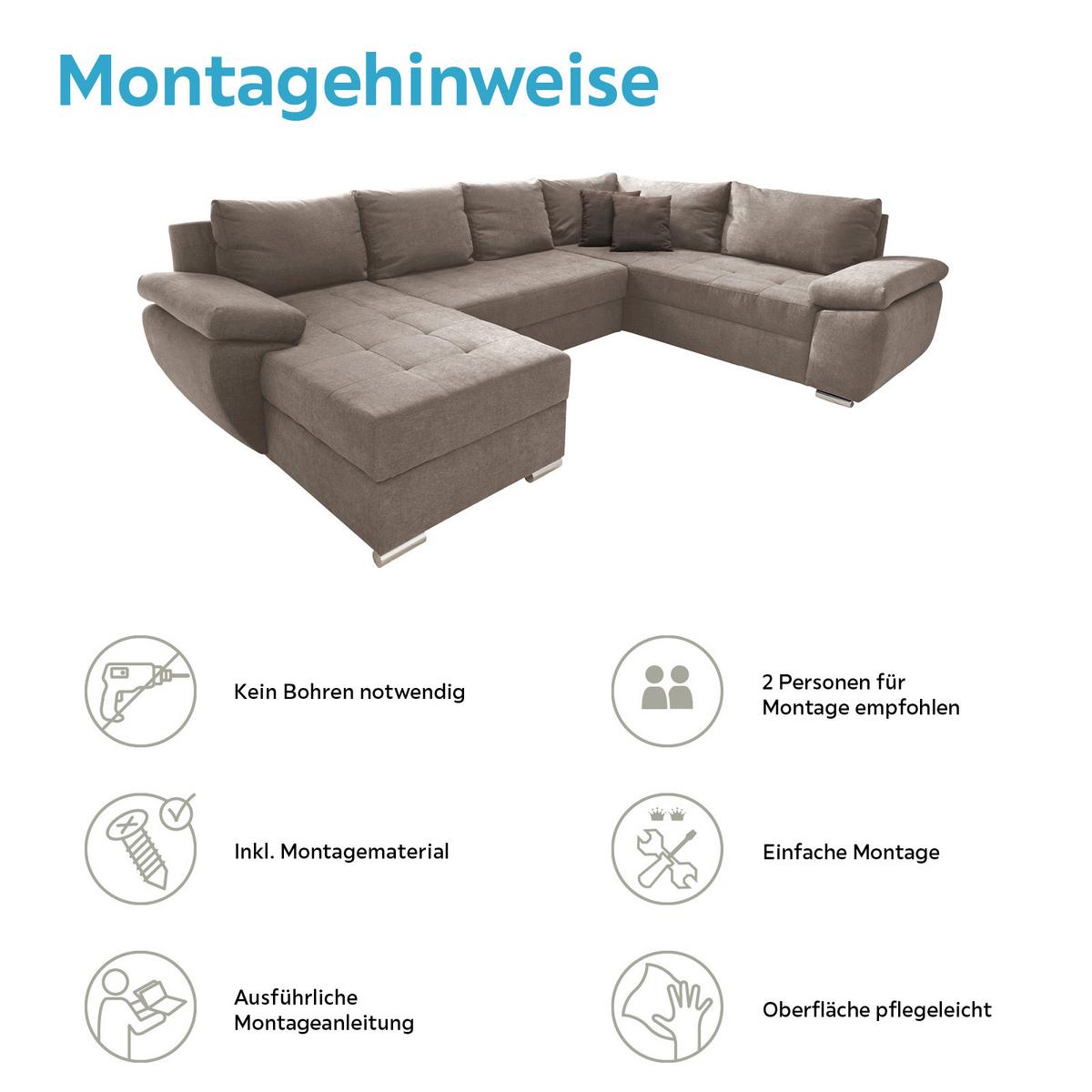 Wohnlandschaft Terana Mit Schlaffunktion, Taupe - Taupe/Chromfarben, KONVENTIONELL, Textil (157/305/219cm) - Livetastic