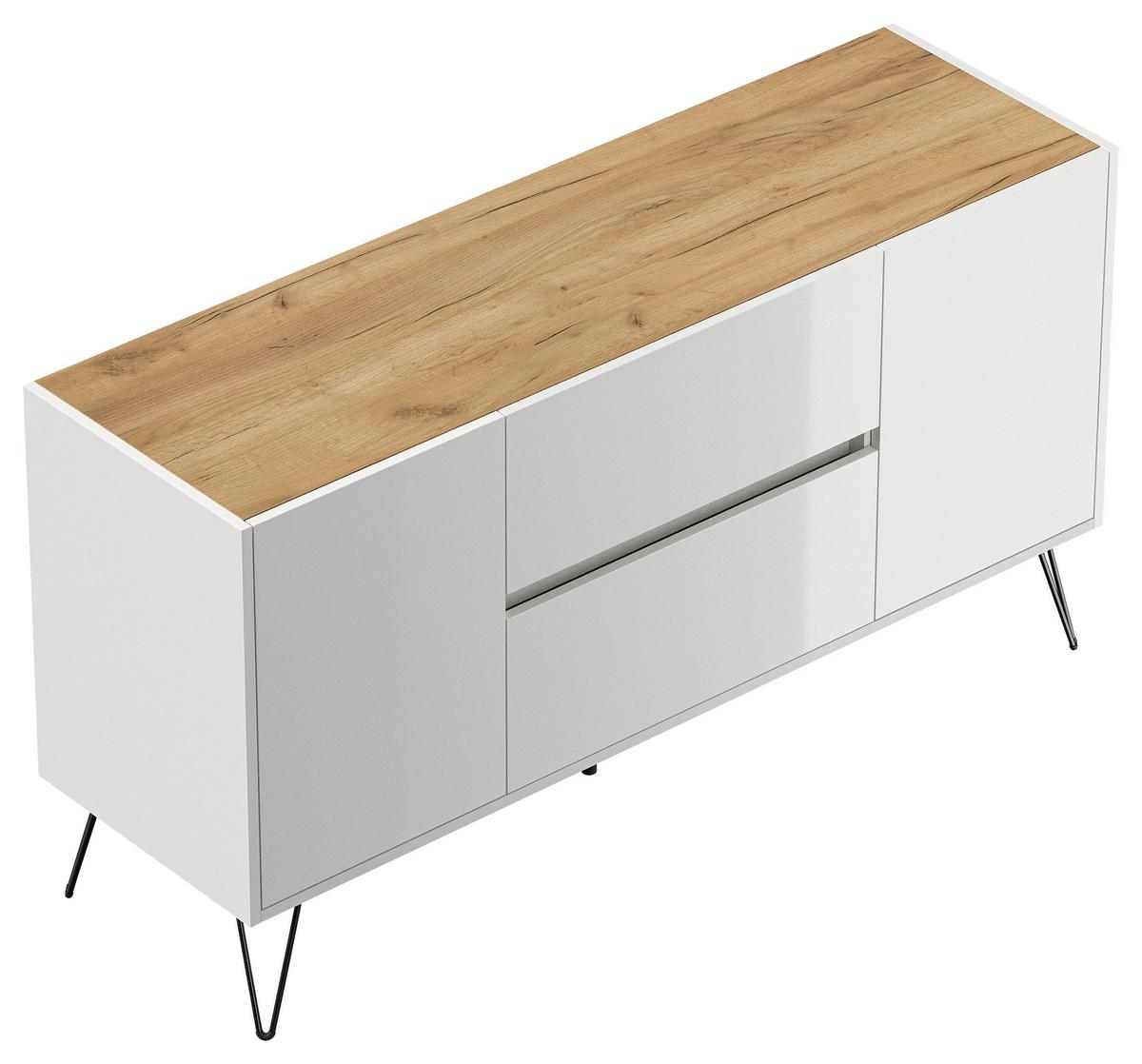 Sideboard Posseik Industrial Weiß/Eichefarben B: 139 cm - Weiß Hochglanz/Eichefarben, Design, Holzwerkstoff (139/75,8/42cm) - MID.YOU