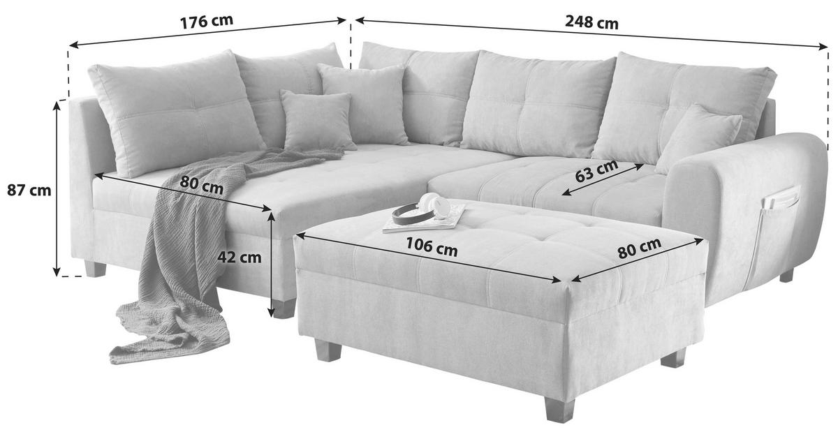 Ecksofa inkl. Kissen + Hocker Lea, Polyester-Nylon - Anthrazit/Schwarz, Basics, Holzwerkstoff/Textil (176/248cm) - MID.YOU