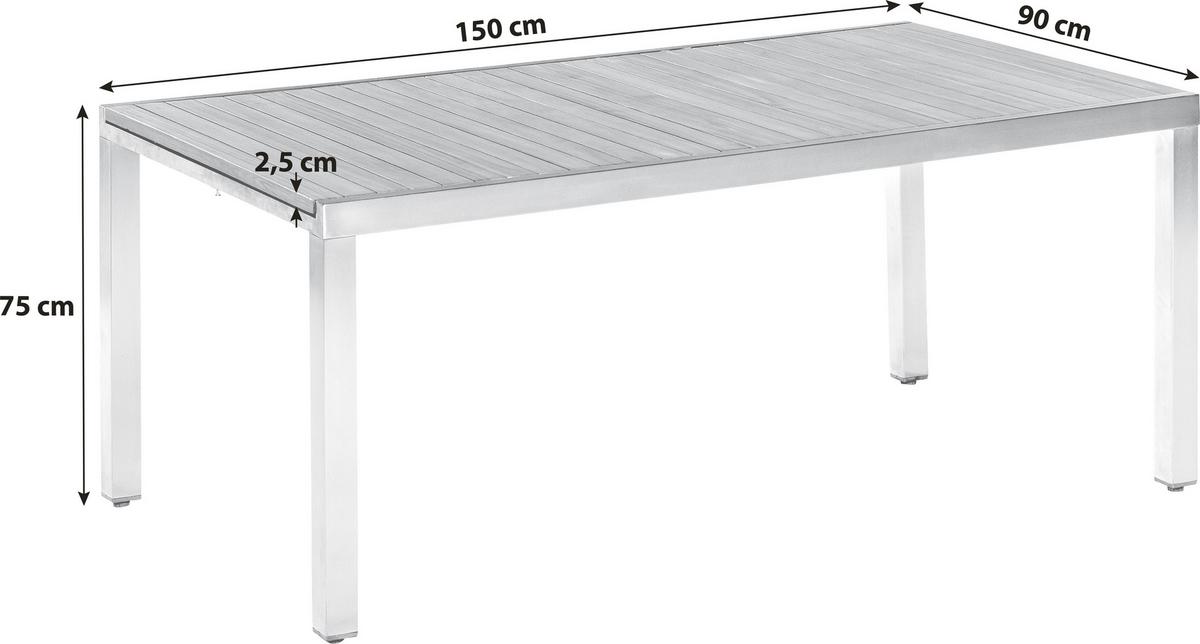 Gartentisch Keros Echtholz Akazie L: 150 cm - Silberfarben/Akaziefarben, KONVENTIONELL, Holz/Metall (150/80/74cm) - Gardenson