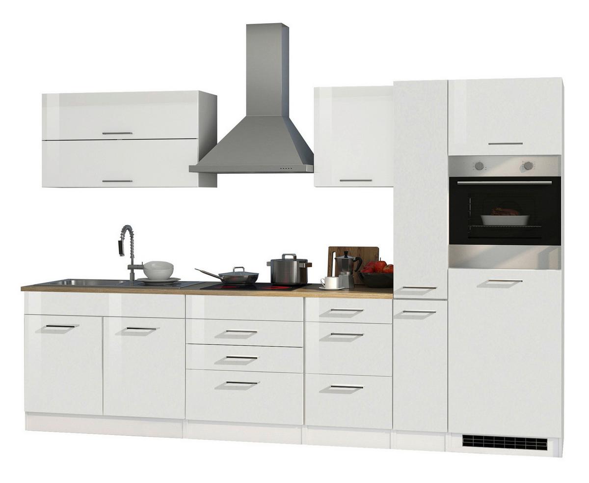 Küchenzeile Mailand M. Geräten 320 Cm Weiß Hochglanz - Weiß Hochglanz/Eichefarben, MODERN, Holzwerkstoff (320cm) - Held