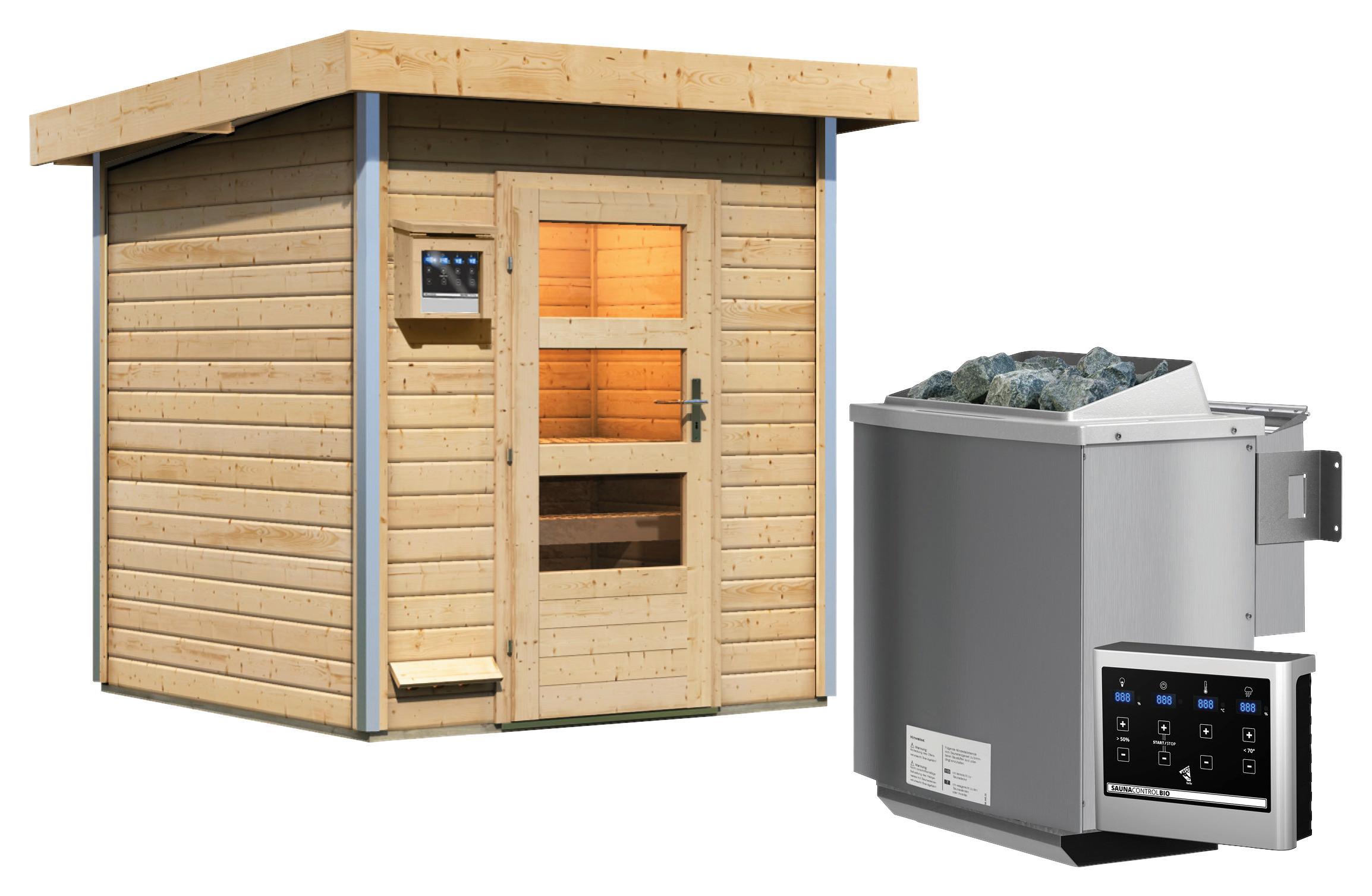 Sauna Dijon Mit Ext. Steuerung 9-Kw-Ofen Inkl. Diabassteine - Naturfarben, MODERN, Holz (196/228/196cm) - Karibu