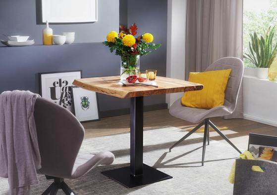 Moderner Esstisch aus Akazienholz mit Metallsäule Moderner Esstisch aus Akazienholz mit Metallsäule