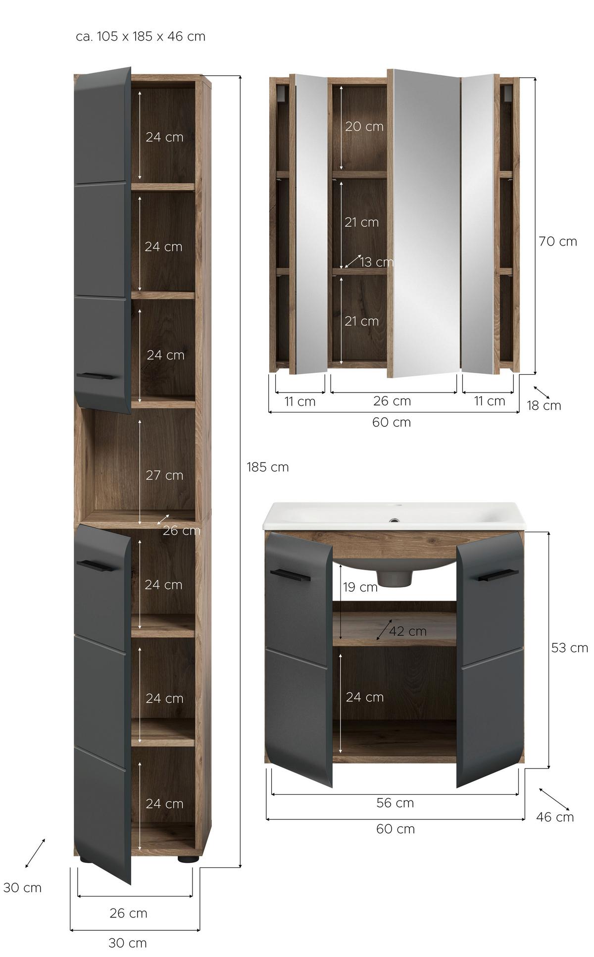 Koupelna Ice 3-dílna, černá/Dub tmavý - černá/tmavý dub, Basics, kompozitní dřevo/plast (90cm) - MID.YOU