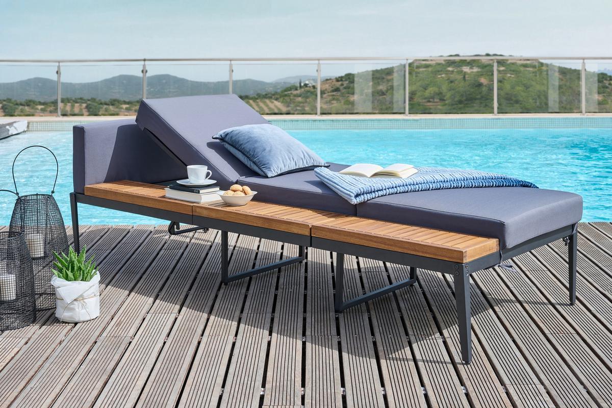 Sonnenliege Paris Metall Echtholz Mit Kissen - Dunkelgrau/Schwarz, MODERN, Holz/Metall (81/61,5-84/201cm) - Beldano