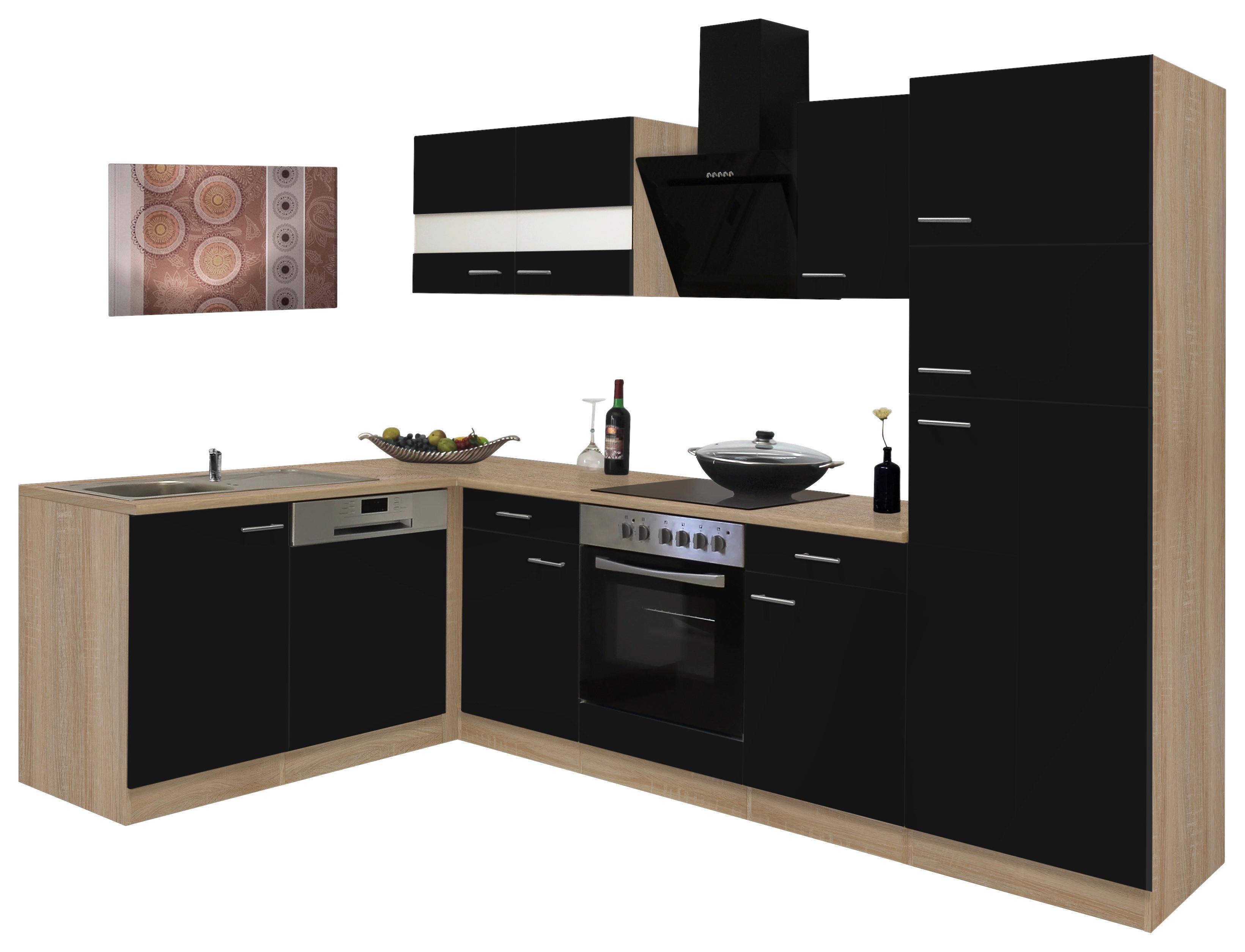 Eckküche Economy mit Geräten 172x280 cm Schwarz/Eiche Dekor - Eichefarben/Schwarz, Basics, Glas/Holzwerkstoff (172/280cm) - Respekta