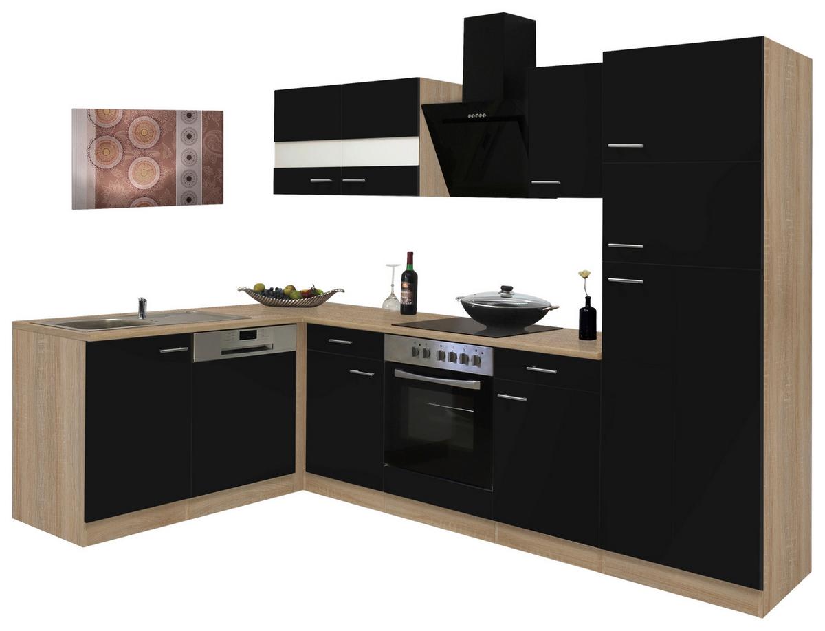 Eckküche Economy mit Geräten 172x280 cm Schwarz/Eiche Dekor - Eichefarben/Schwarz, Basics, Glas/Holzwerkstoff (172/280cm) - Respekta