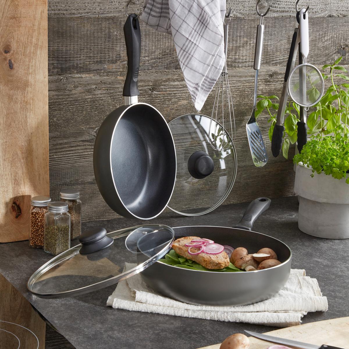 Bratpfanne Reventon D/H: 29/14 cm Aluminium + Deckel - Schwarz, KONVENTIONELL, Glas/Metall (47/29/14cm) - Riess