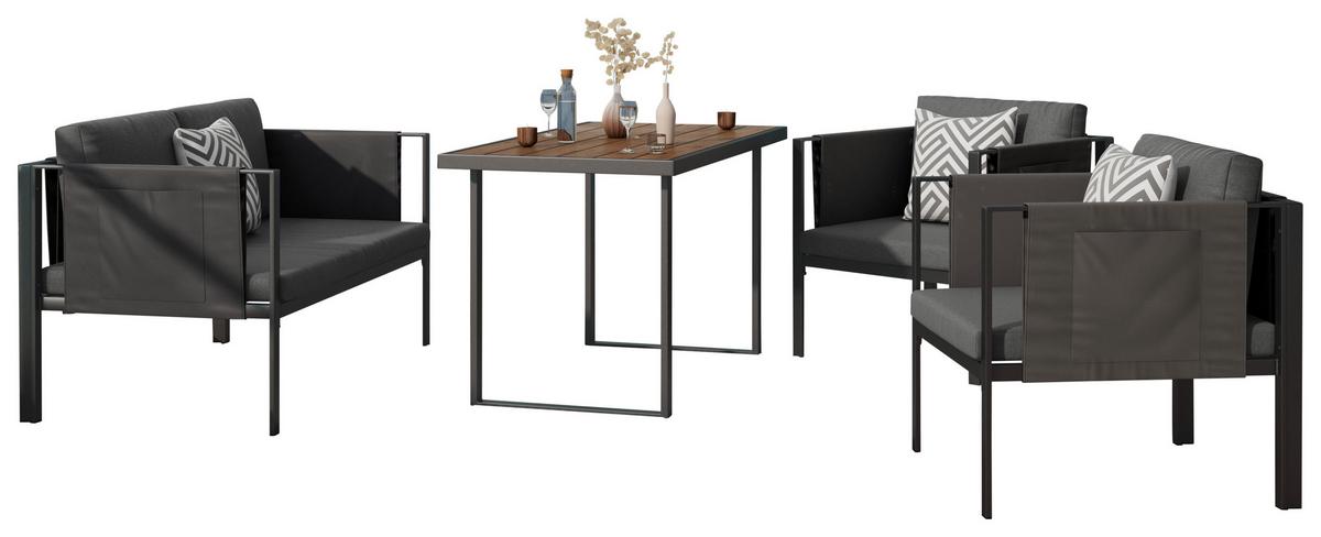Loungegarnitur 4-tlg Padua Metall/kunststoff Mit Kissen - Dunkelgrau/Schwarz, MODERN, Holz/Kunststoff - Beldano