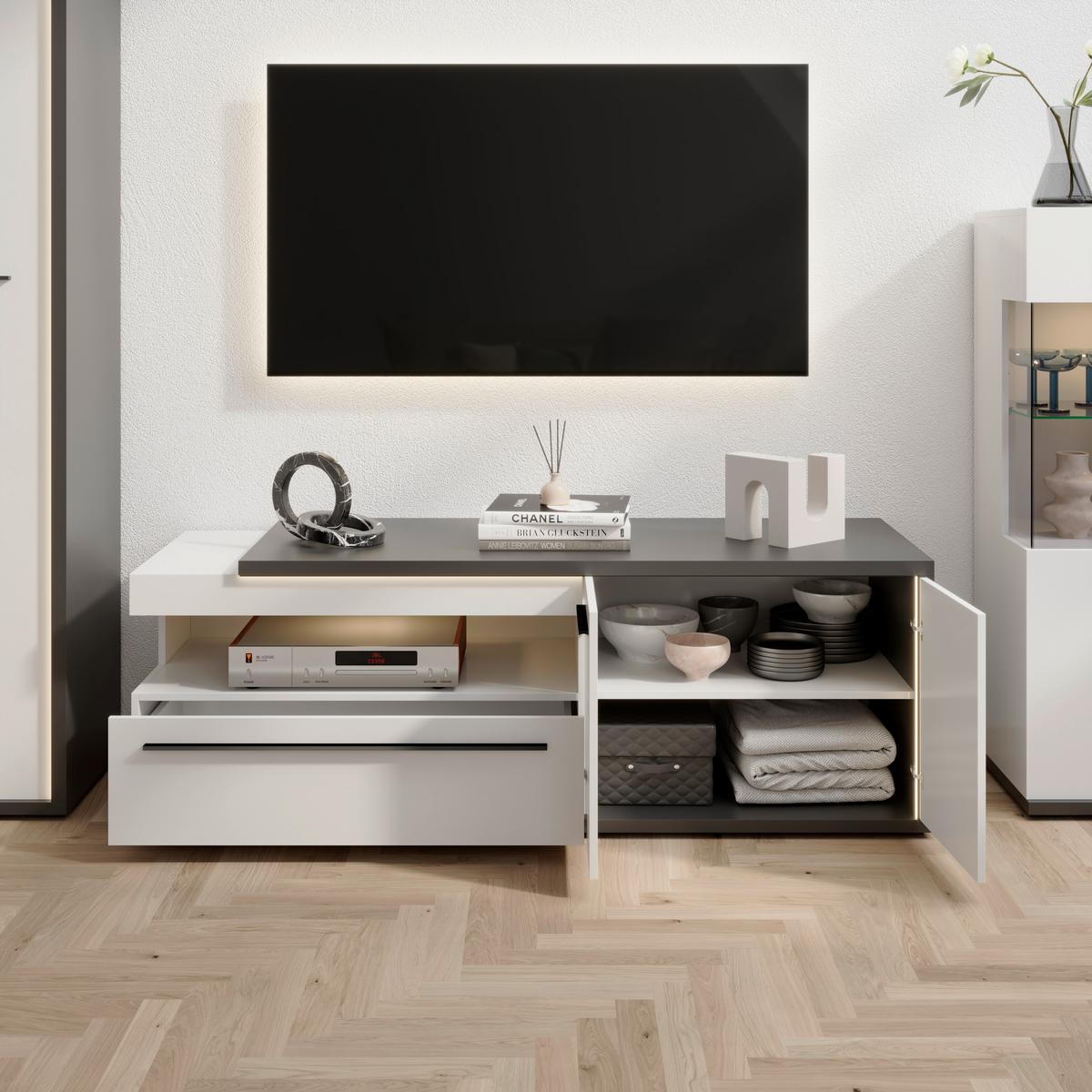TV-Lowboard Ambiente B:163,6cm Alpinweiss, Anthrazit - Weiß Hochglanz/Anthrazit, MODERN, Holzwerkstoff (163,6/56,6/53,6cm)