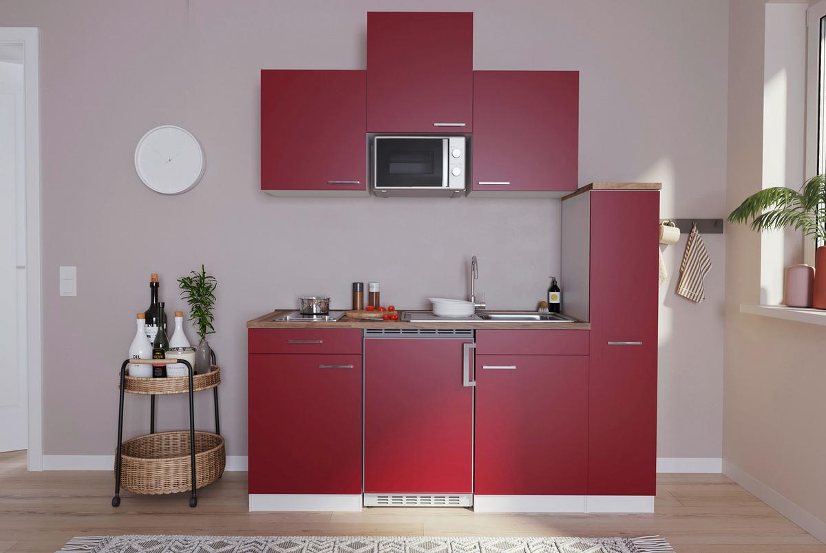Küchenzeile Economy M. Geräten 180 Cm Rot/nussbaum Dekor - Rot/Nussbaumfarben, Basics, Holzwerkstoff (180/200/60cm) - Respekta