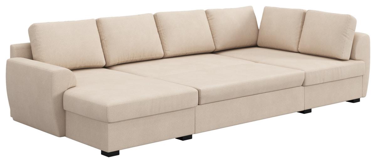 Wohnlandschaft m. Bettfunktion Mirkrofaser natur, B: 327cm - Schwarz/Naturfarben, Trend, Textil (154/327/86cm) - MID.YOU