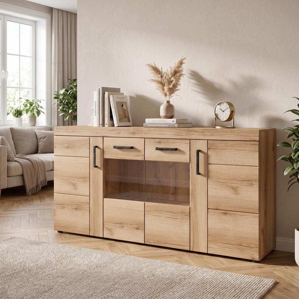 Kommode Cortina Eichefarben Dekor B: 185,1 cm - Eichefarben/Schwarz, MODERN, Glas/Holzwerkstoff (185,1/86/40,9cm)