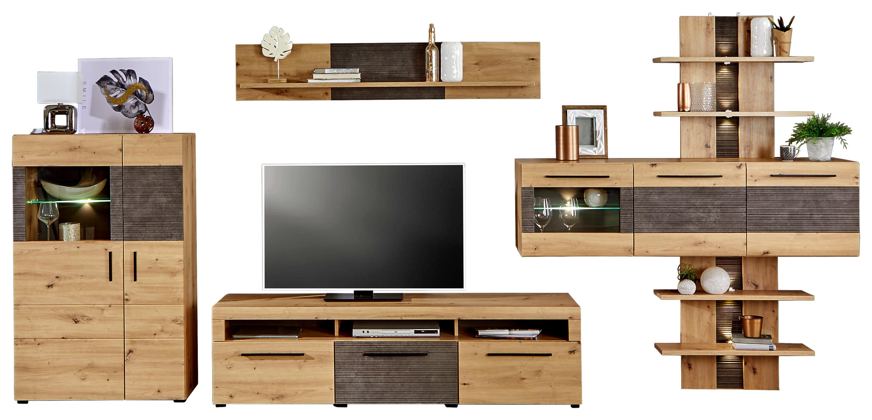 Wohnkombination Safira 5 - Eichefarben/Dunkelgrau, MODERN, Holzwerkstoff (378/202/37cm)