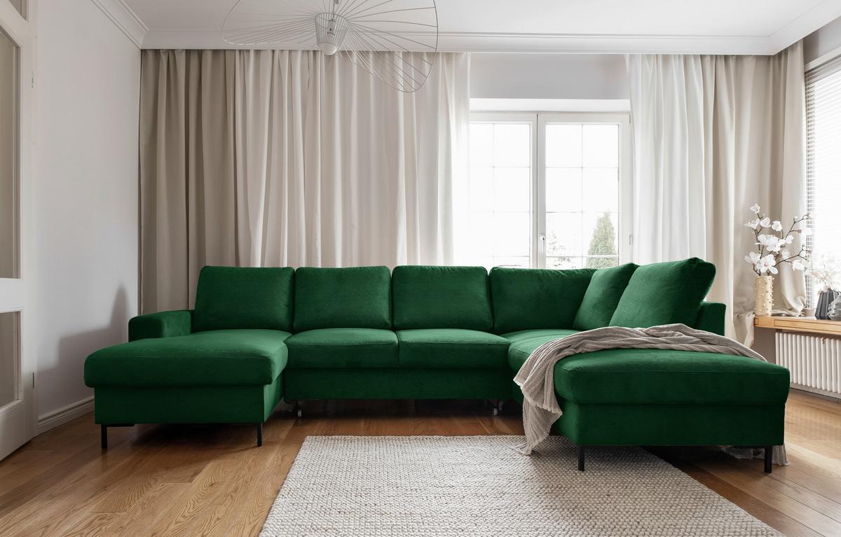 Sedačka LEONIE U, pravá, smaragdovozelený menčester - čierna/smaragdovozelená, Design, kov/drevo (148/303/197cm)