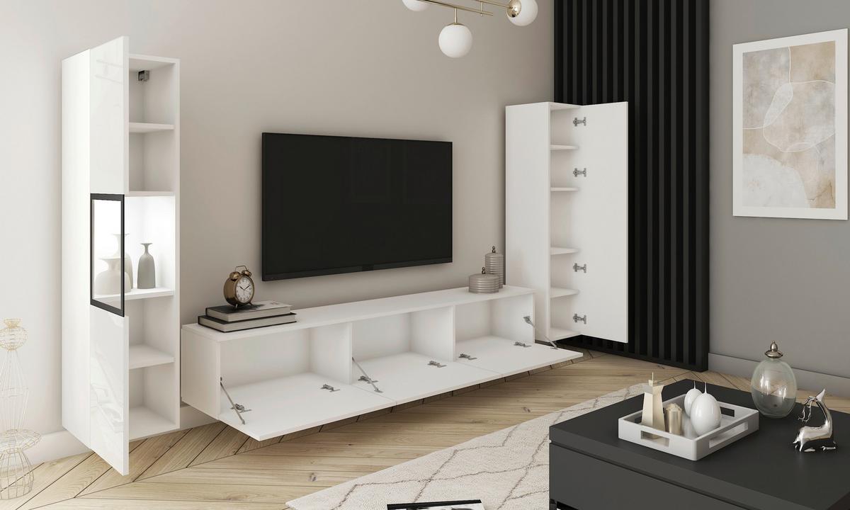 Wohnwand Berlin IIi Weiß B: 240 cm - Weiß Hochglanz/Weiß, Design, Glas/Holzwerkstoff (240/130/31cm) - MID.YOU