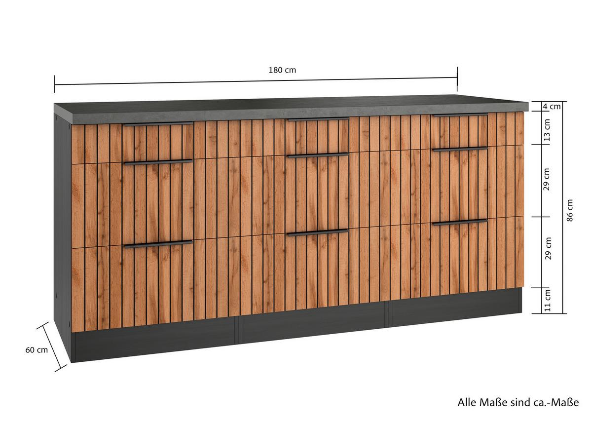 Küchenunterschrank Liverpool Graphit, Eiche Dekor B: 180 Cm - Schieferfarben/Eiche Wotan, Basics, Holzwerkstoff (180/85/60cm) - Held