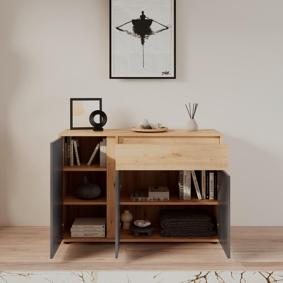 Sideboard Caneva Anthrazit/Eichefarben B: 128cm - Anthrazit/Schwarz, MODERN, Holzwerkstoff (128/86/40,3cm)