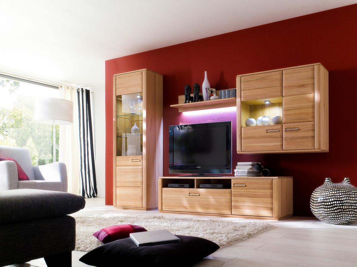 Wohnkombination teilmassiv 4--teilig. Sena Buchefarben - Buchefarben, Design, Glas/Holz (303/209/51cm) - Livetastic