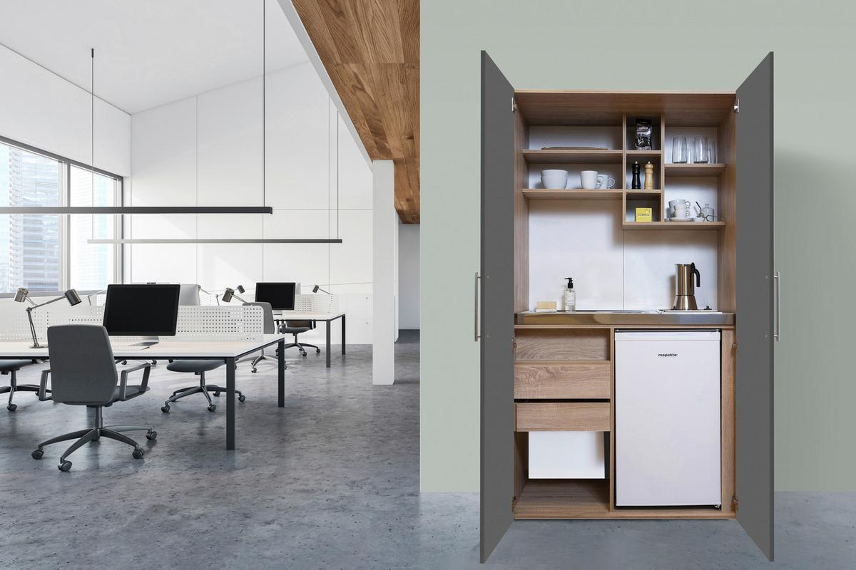 Schrankküche mit Kühlschrank + Kochfeld 104 cm Grau - Edelstahlfarben/Eichefarben, KONVENTIONELL, Holzwerkstoff/Metall (104/193/67cm) - Respekta