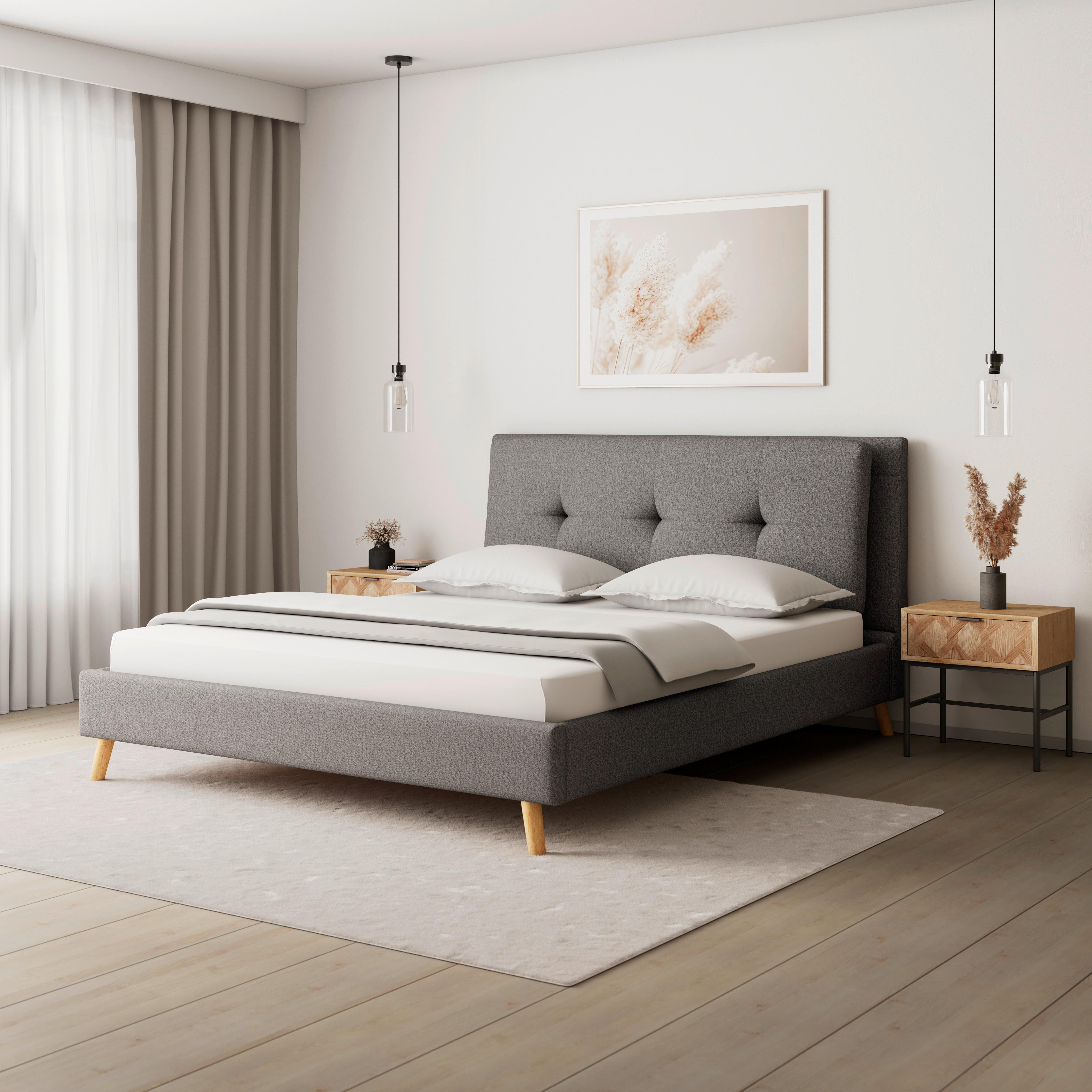 Nízká čalouněná postel CAMILLA 180x200 cm, šedá - šedá/přírodní barvy, Moderní, dřevo/textil (180/200cm) - Bessagi Home