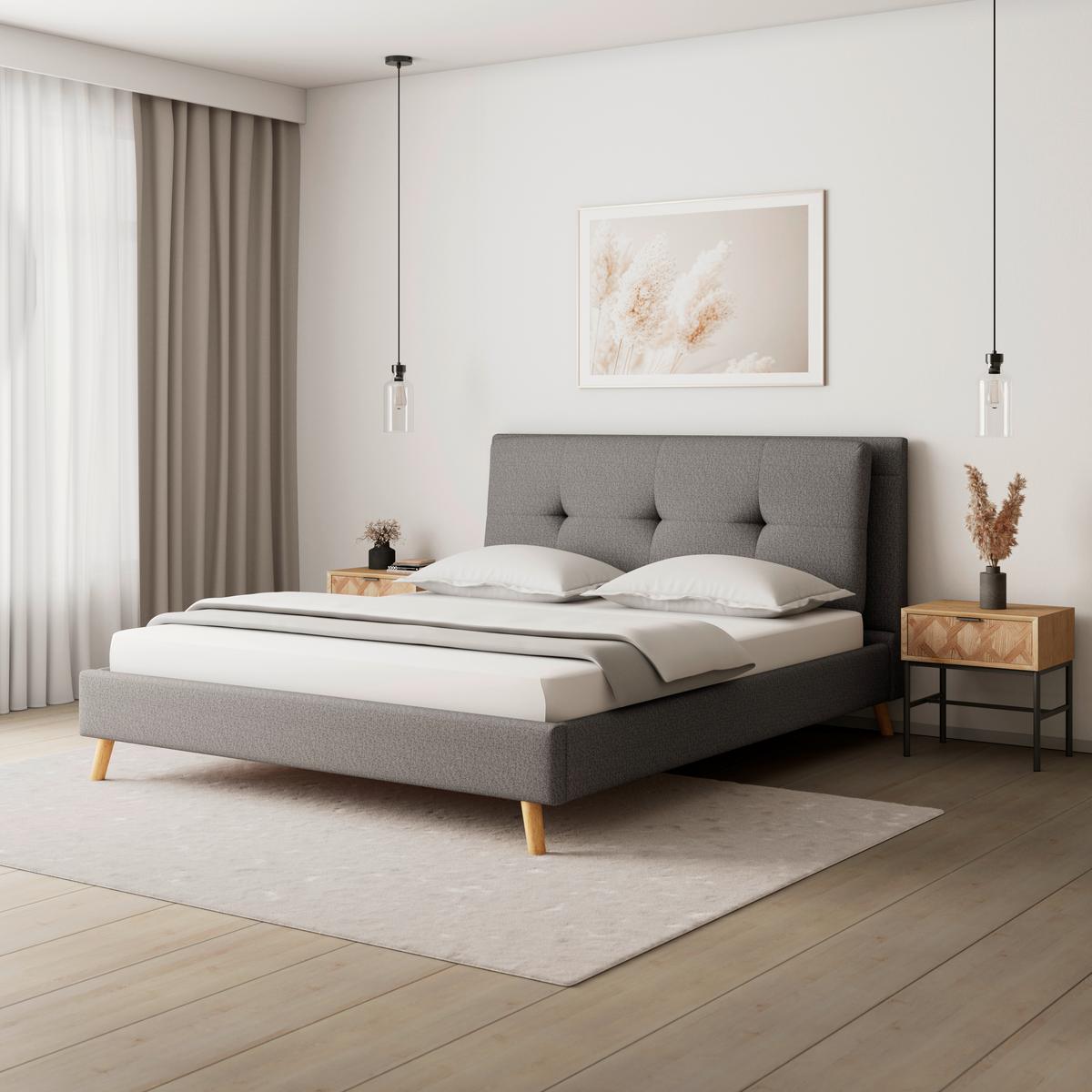 Nízka čalúnená posteľ CAMILLA 180x200 cm, sivá - sivá/prírodná farba, Modern, drevo/textil (180/200cm) - Bessagi Home