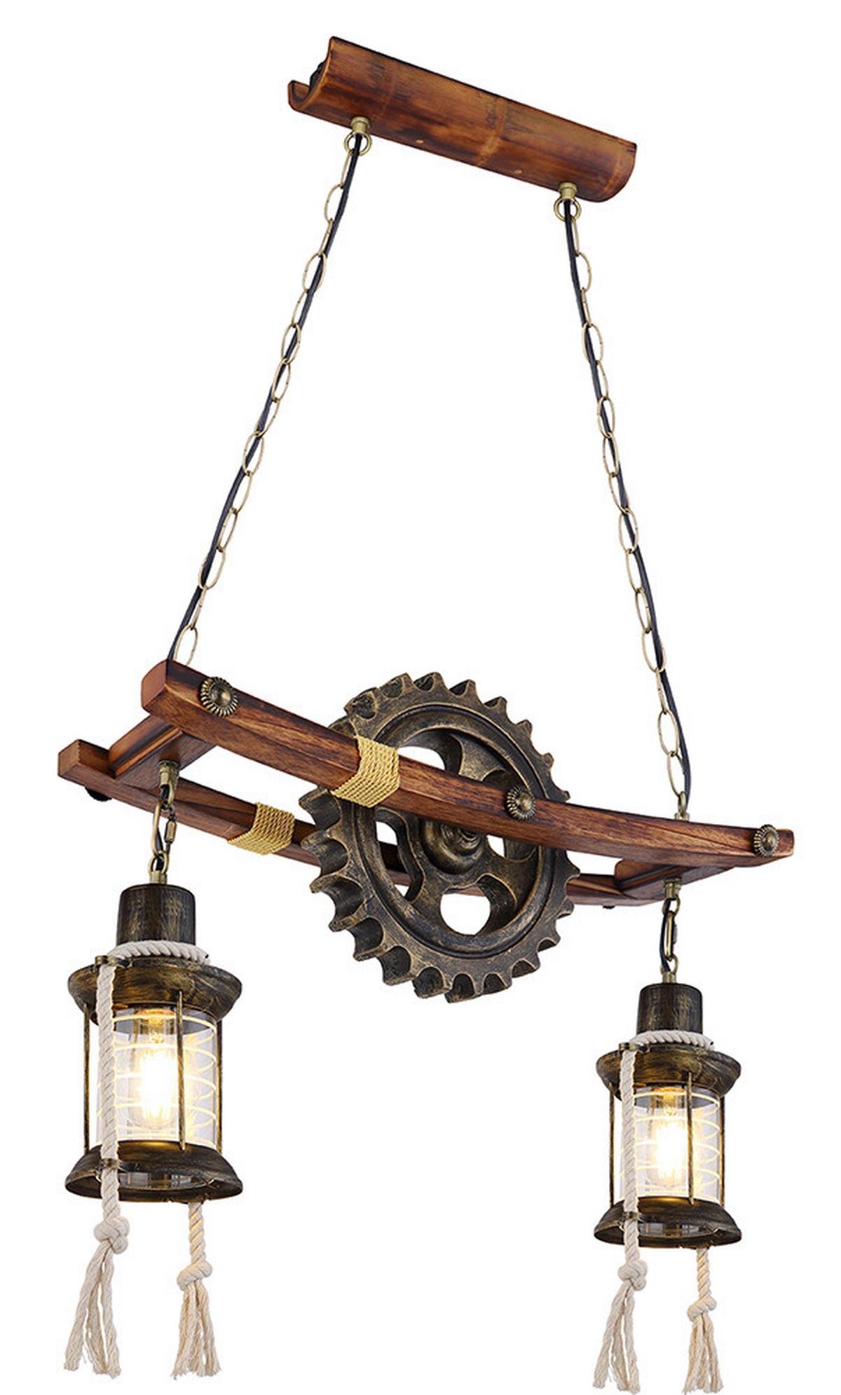 Hängeleuchte H: 110 Cm 2-Flammig, Mit Zahnrad - Klar/Messingfarben, Design, Glas/Naturmaterialien (62/20/110cm) - Globo