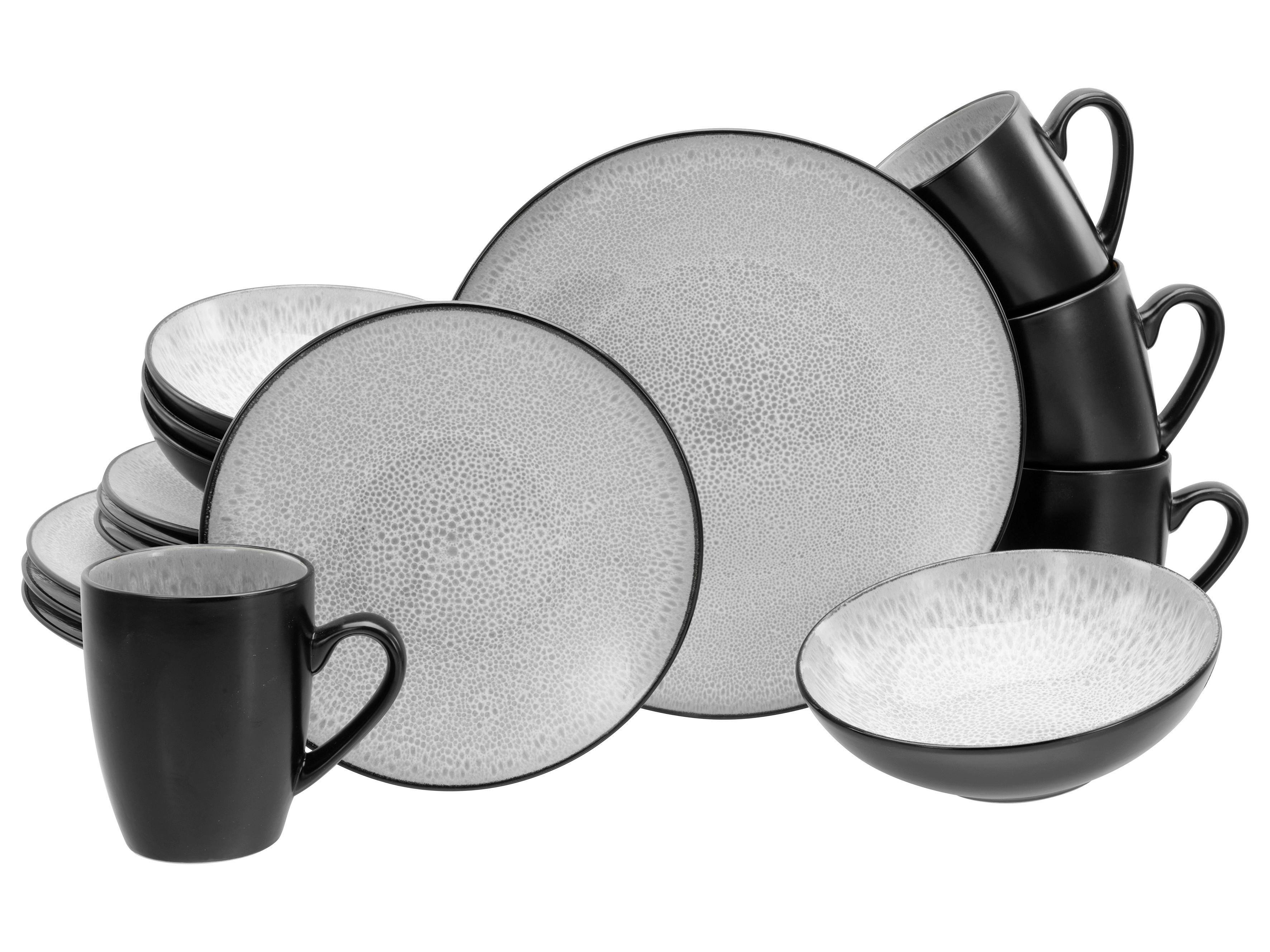 Kombiservice Malmö Schwarz, Grauweiß 16--Teilig - Grauweiß/Schwarz, Basics, Keramik - Creatable