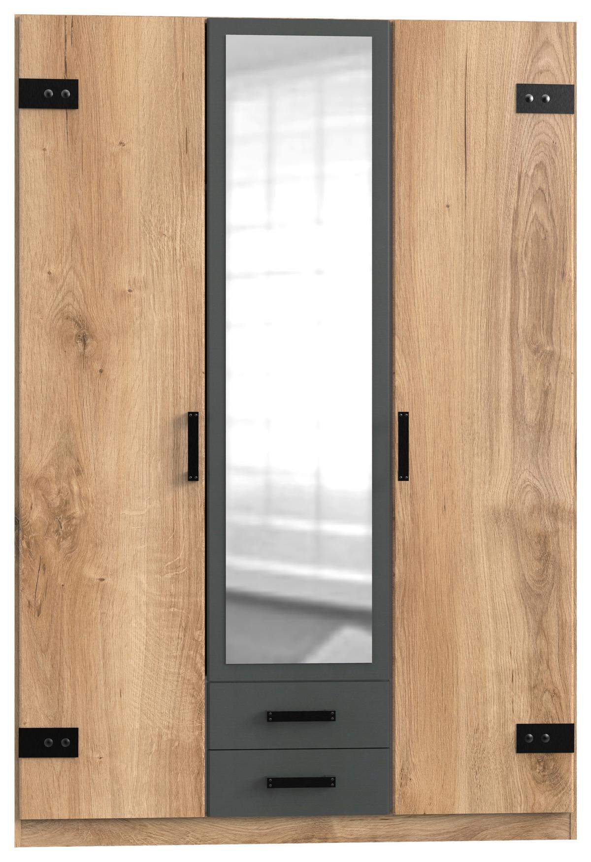 Drehtürenschrank M. Spiegel 135cm Liverpool, Eiche Dekor - Eichefarben/Graphitfarben, KONVENTIONELL, Holzwerkstoff (135/198/58cm) - MID.YOU