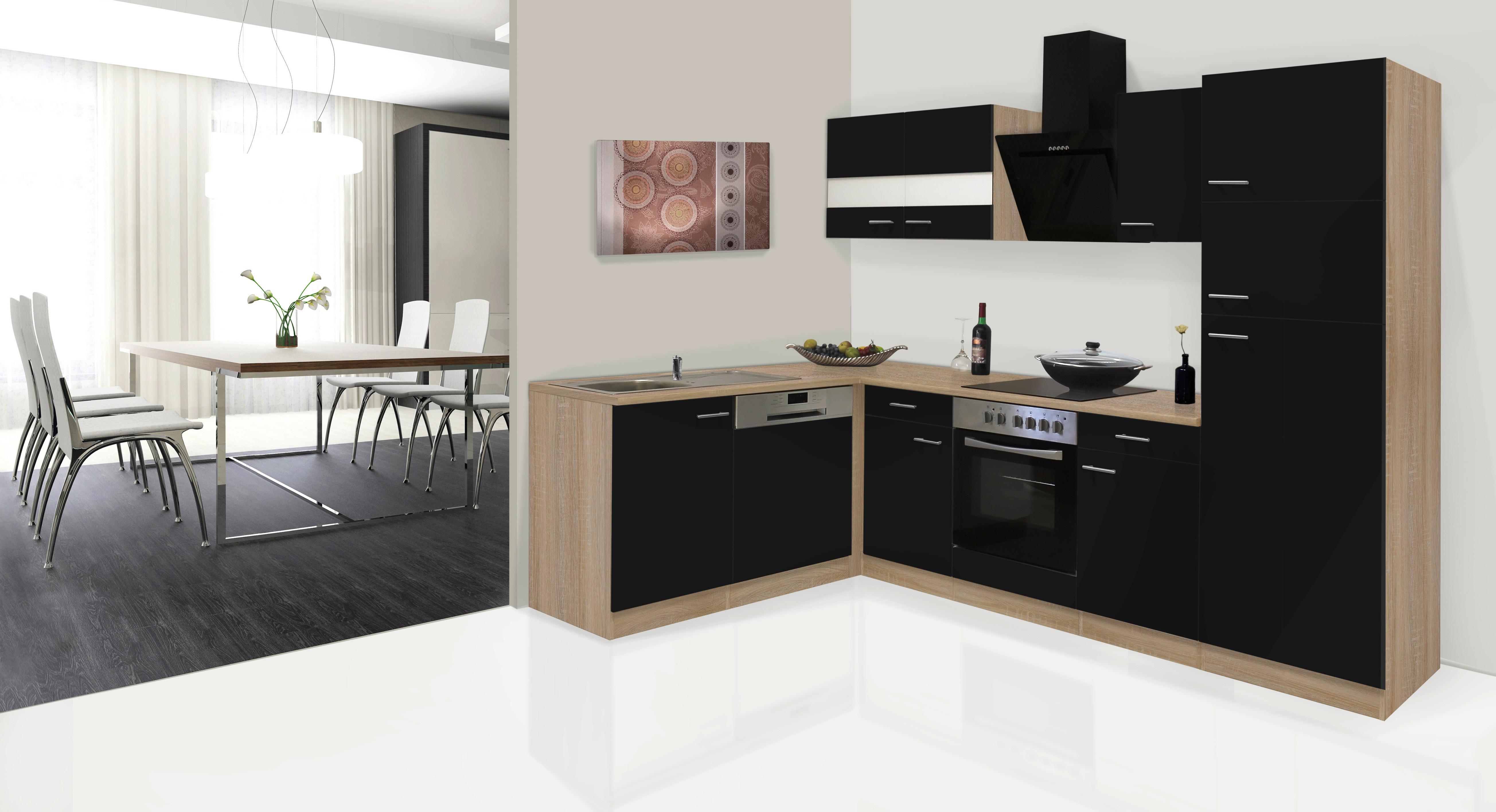 Eckküche Economy m. Geräten 172x280 cm Schwarz/Eiche Dekor - Eichefarben/Schwarz, Basics, Glas/Holzwerkstoff (172/280cm) - Respekta