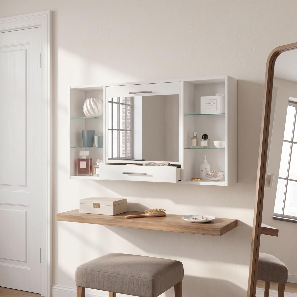 Nástěnný regál se zrcadlem š: 115 cm, bílý - bílá/barvy hliníku, Moderní, kov/kompozitní dřevo (112/60/19,7cm) - MID.YOU