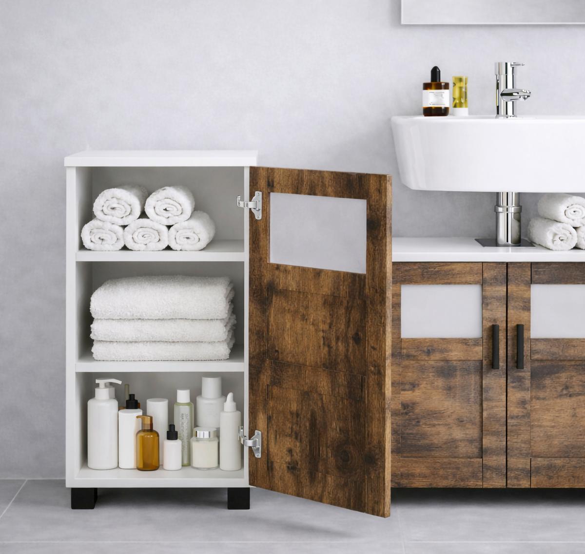 Midischrank Nilari Weiß/Eichefarben B: 38cm - Eichefarben/Weiß, Trend, Glas/Holzwerkstoff (38/70/28cm) - MID.YOU
