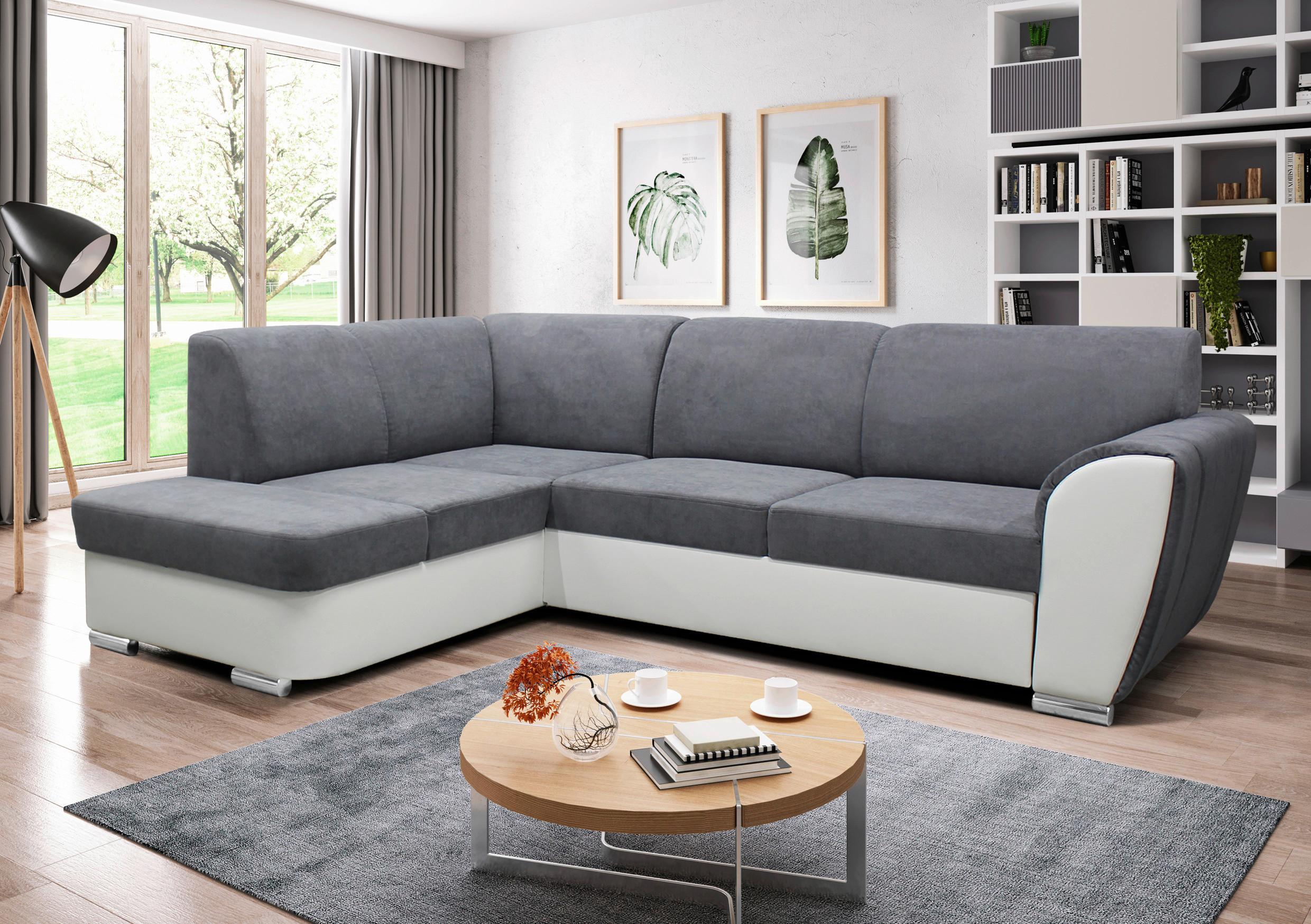Ecksofa Mit Bettkasten Doris Rücken Echt Grau/weiß - Silberfarben/Weiß, Design, Textil (196/255cm) - MID.YOU