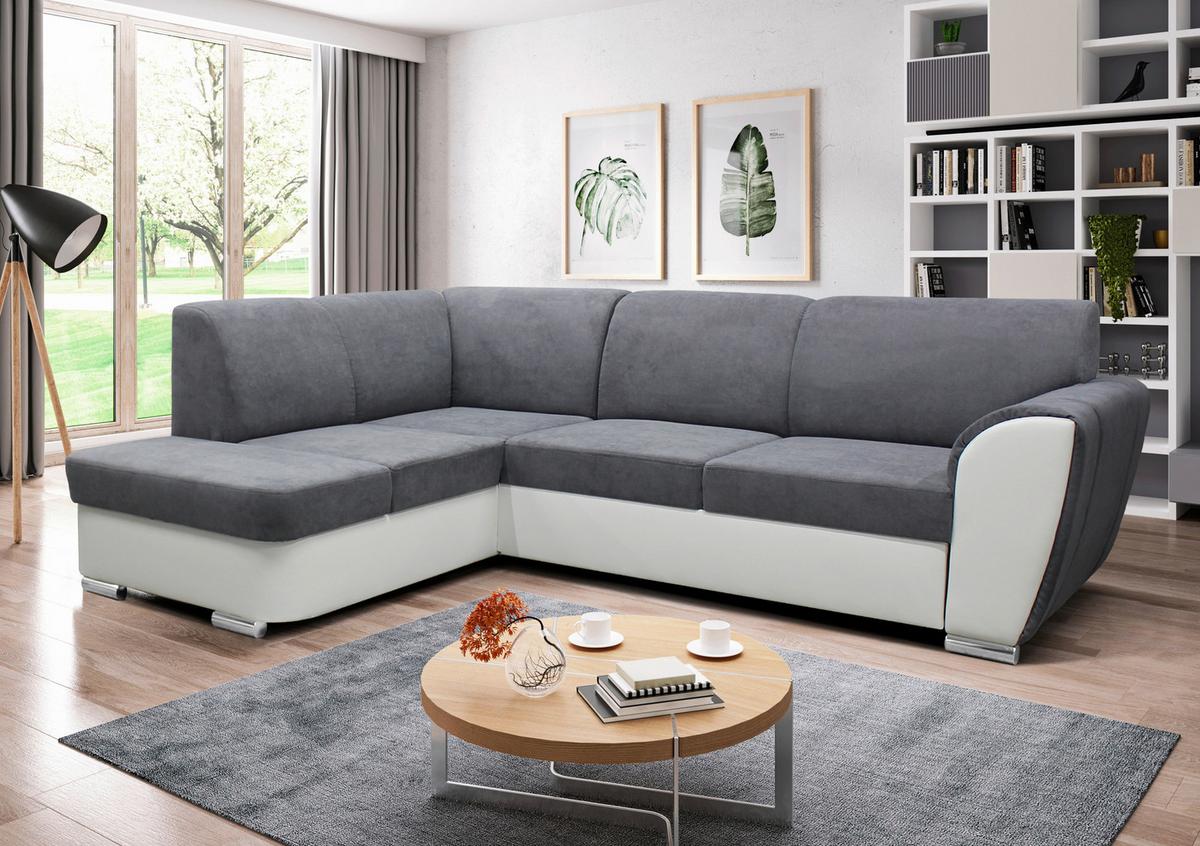 Ecksofa Mit Bettkasten Doris Rücken Echt Grau/weiß - Silberfarben/Weiß, Design, Textil (196/255cm) - MID.YOU