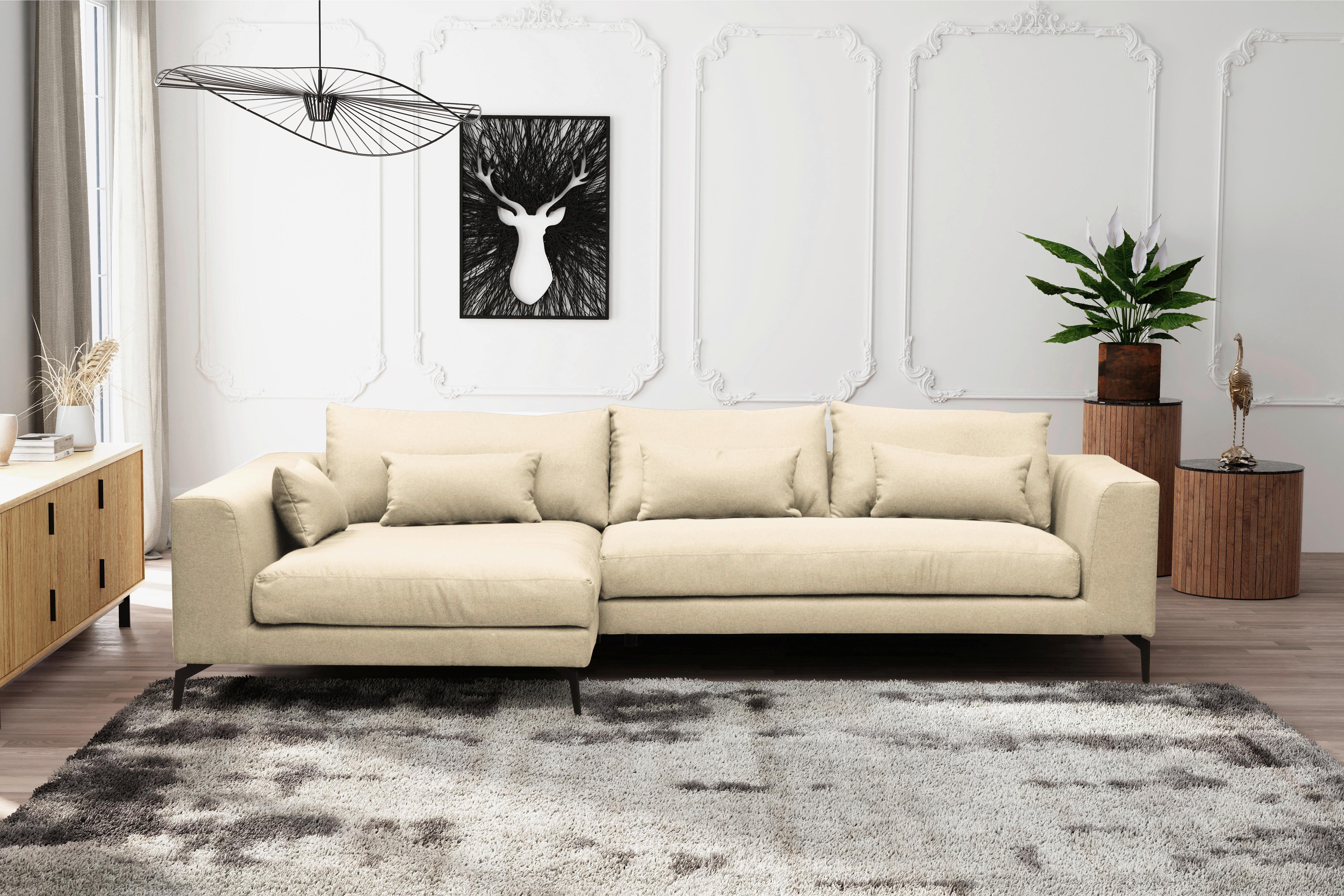 Ecksofa Berlin Webstoff Creme 172x313 Cm - Creme/Schwarz, Design, Textil (172/313cm) - Livetastic