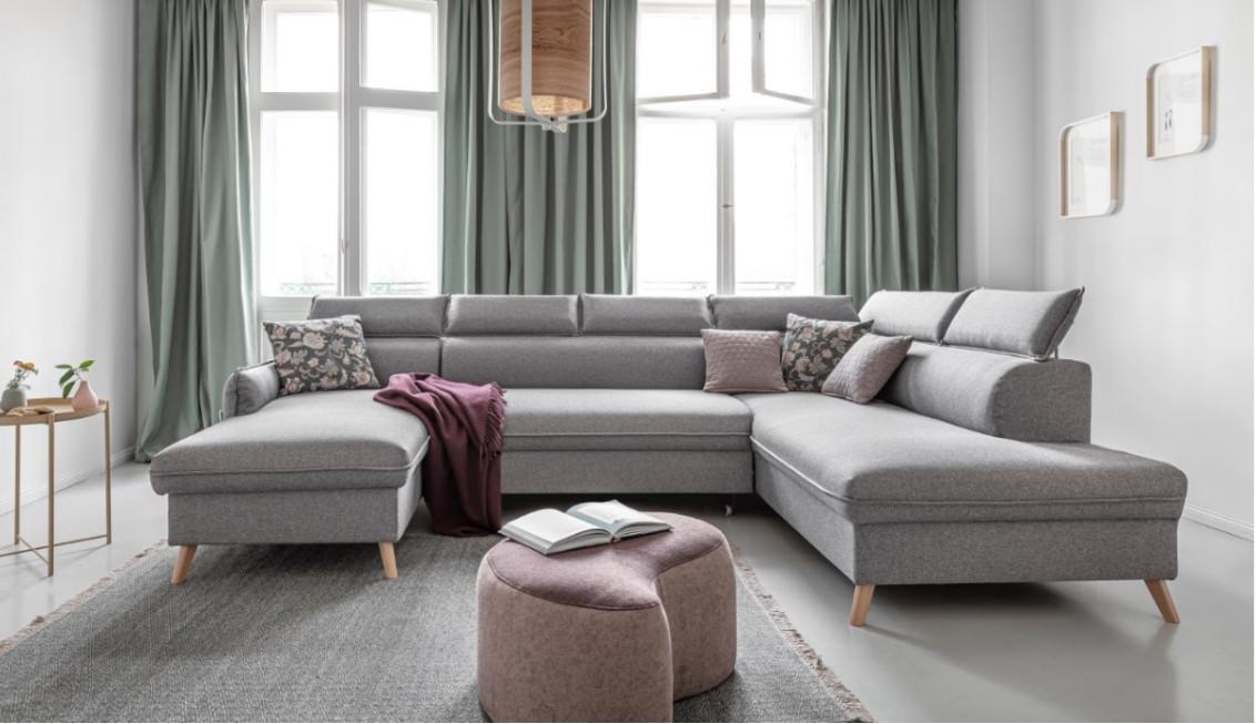 Rozkladacia sedačka Simone, pravé prevedenie - prírodná farba/svetlosivá, Modern, drevo/textil (321/82/95/208cm)