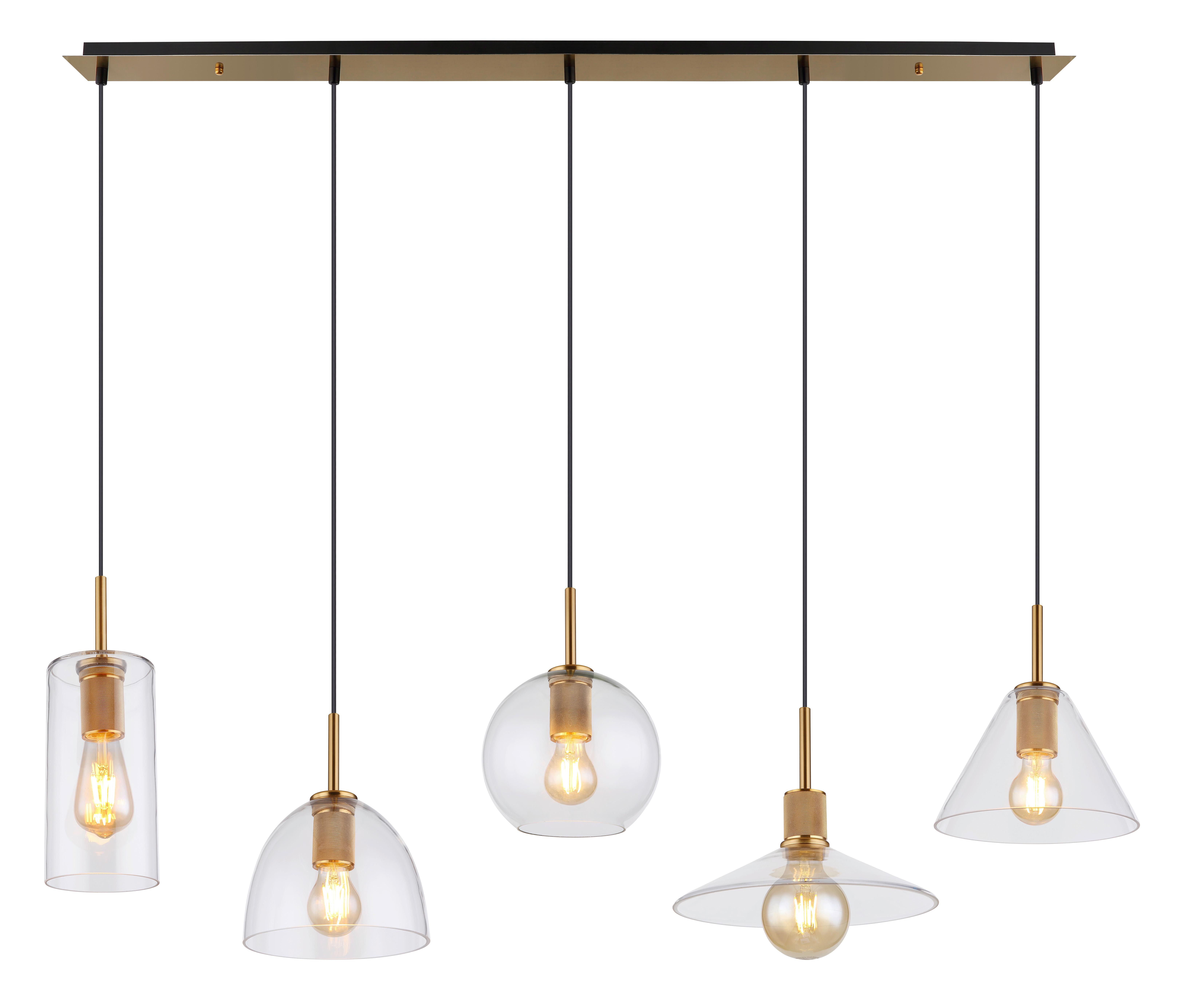 Hängeleuchte H: 120 cm 5-flammig,Leuchtmittel wählbar - Klar/Messingfarben, Design, Glas/Metall (137/28/120cm) - Globo