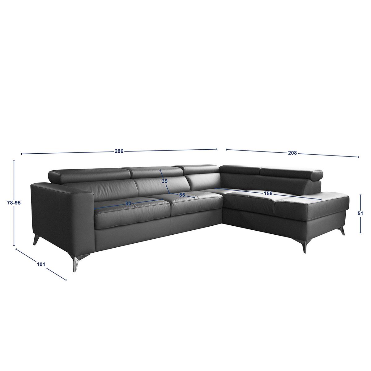 Ecksofa Mondo, Schwarz S: 286x208 Cm - Chromfarben/Schwarz, Design, Leder/Textil (286/208cm) - Livetastic