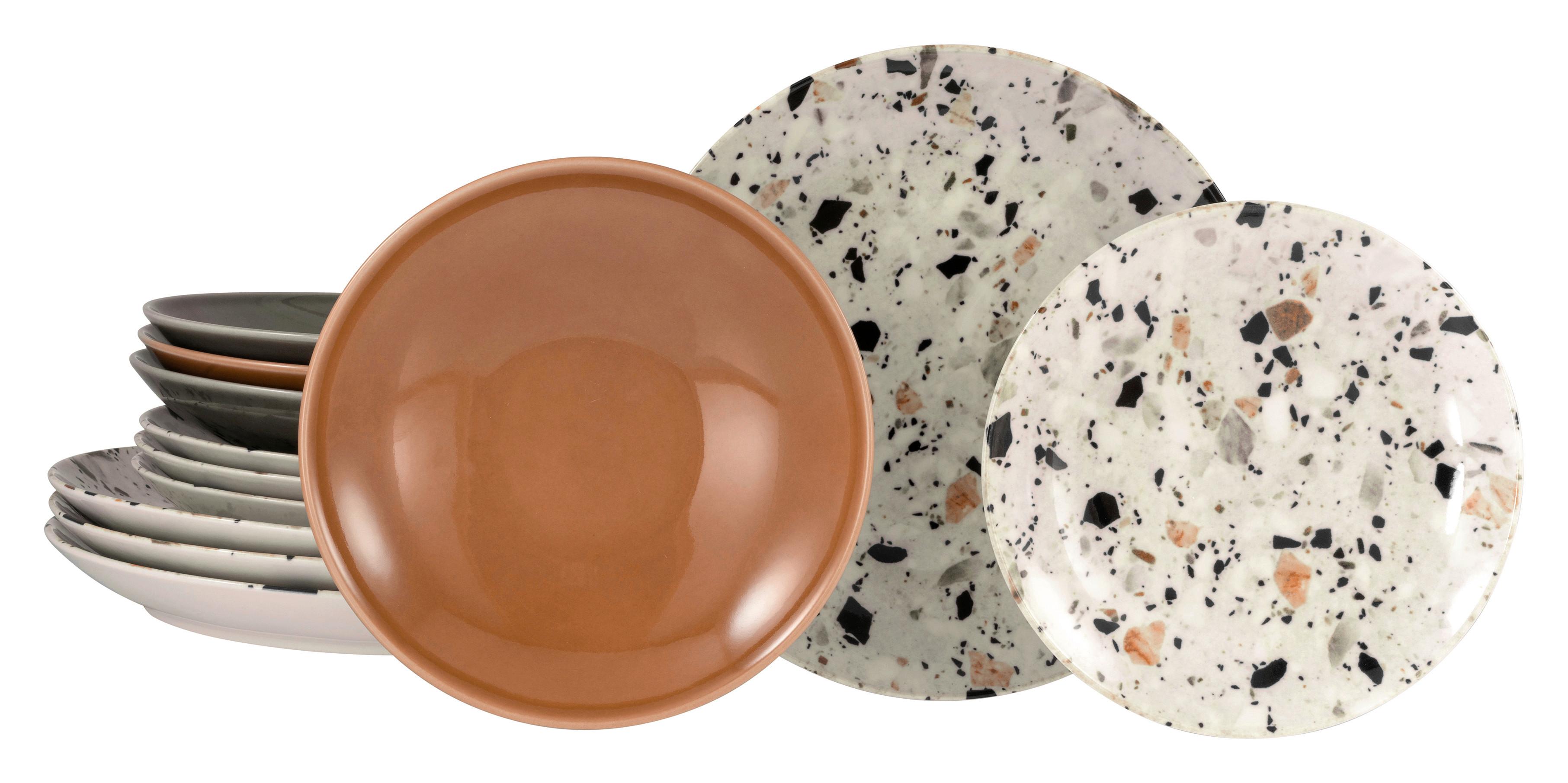 Tafelservice Terrazzo Mix, Grau, 12-Tlg. - Koralle/Multicolor, Basics, Keramik - Creatable