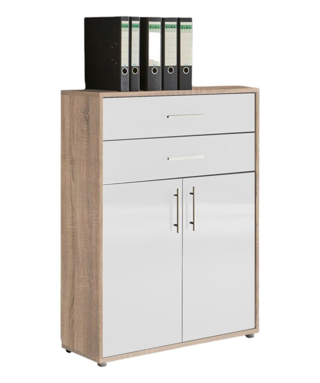 Aktenschrank Office Edition - Weiß Hochglanz/Sonoma Eiche, MODERN, Holzwerkstoff (84,5/114/33cm) - MID.YOU