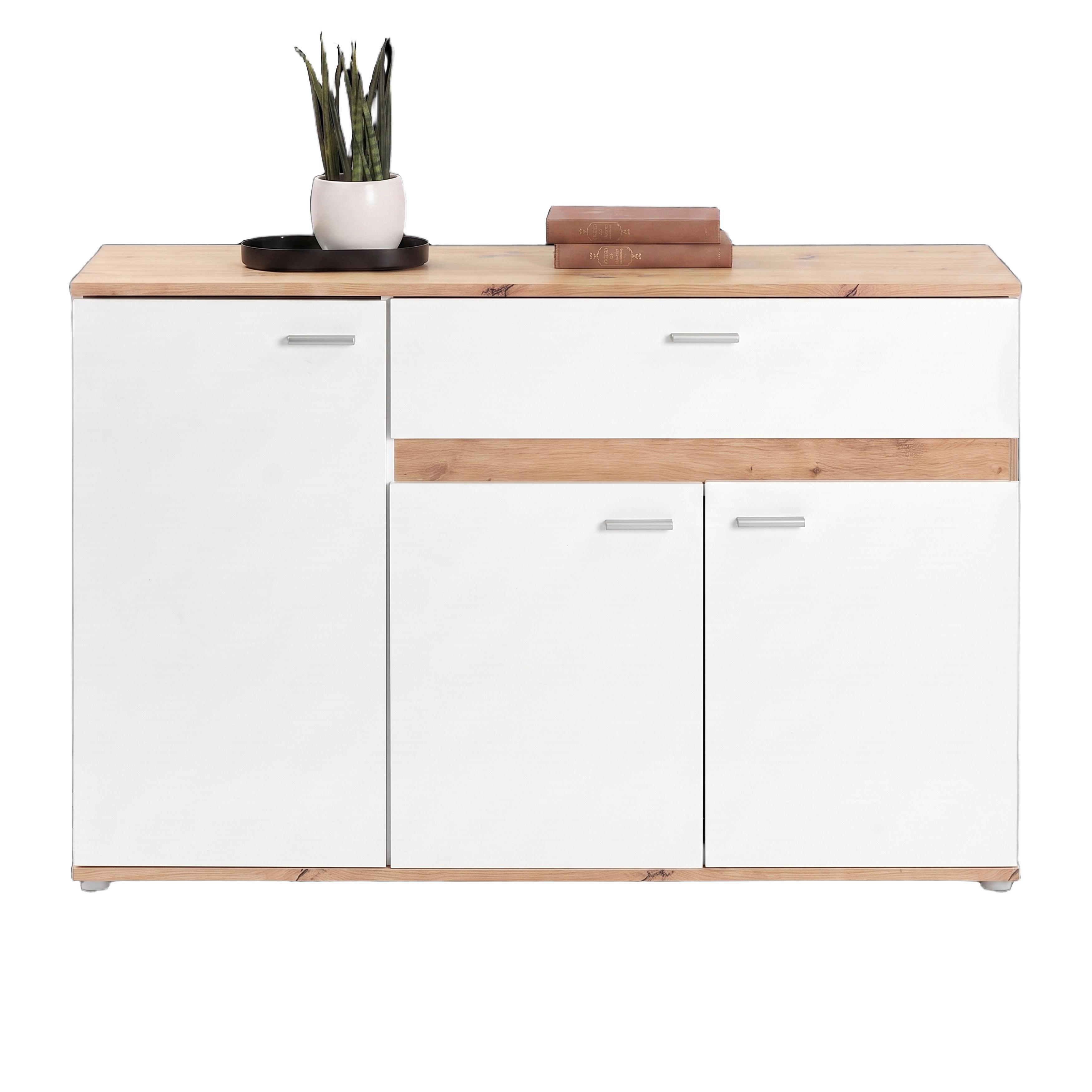 Kommode Carmen Weiß/Eichefarben B: 120,1cm - Eichefarben/Silberfarben, Trend, Holzwerkstoff (120,1/80/35cm) - Based