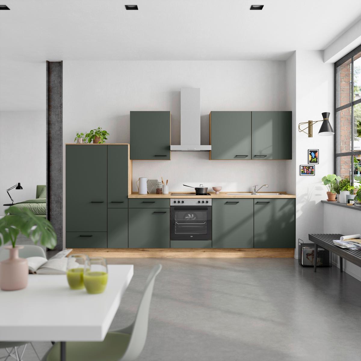 Kuchyňská linka 330 cm, minerální zelená,ultra matná - barvy dubu/černá, Moderní, kov/kompozitní dřevo (330cm) - Nobilia