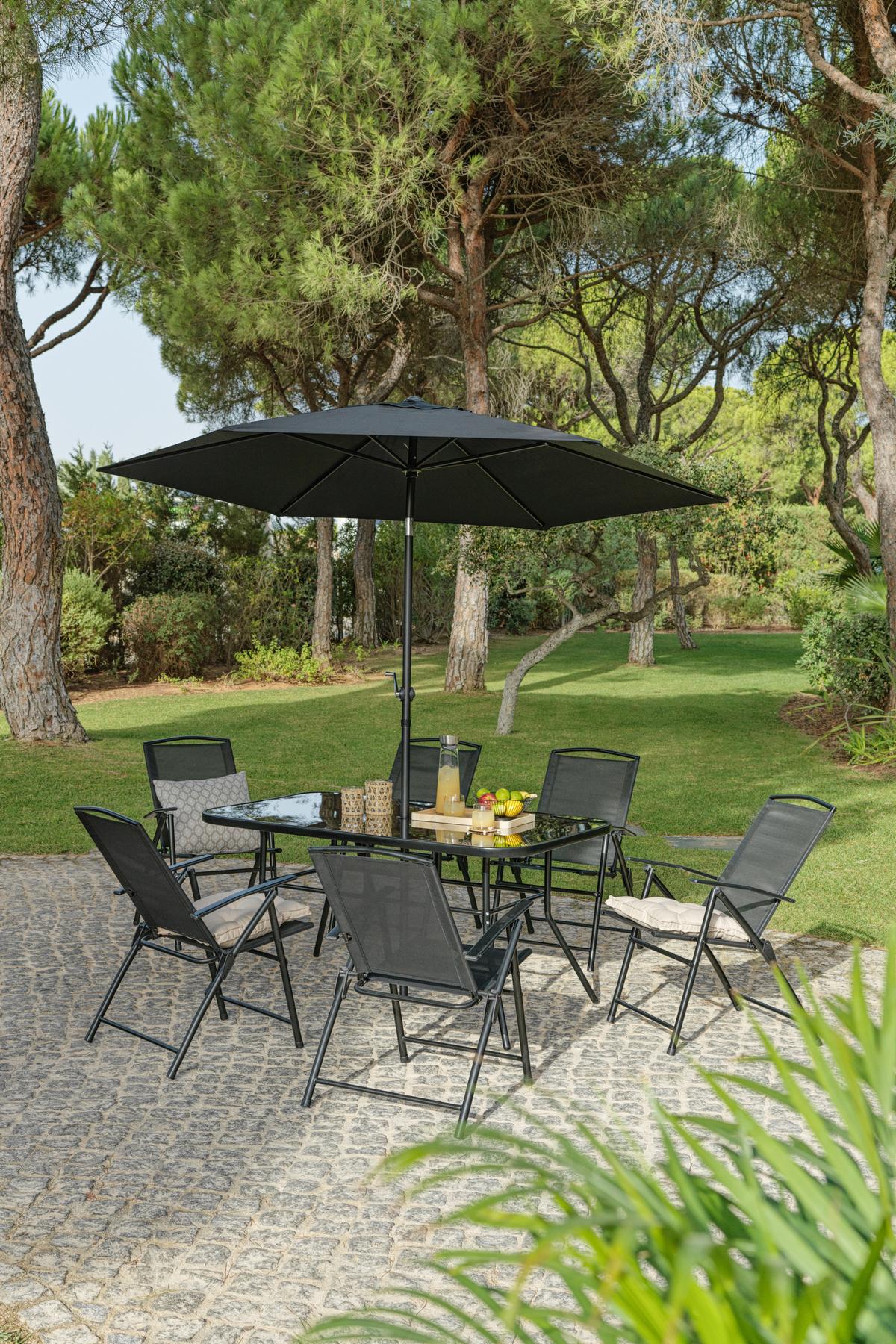 Gartengarnitur 7-tlg. Laura Stahl/glas/textilene + Schirm - Schwarz, MODERN, Glas/Textil (140/90/70cm) - Luca Bessoni
