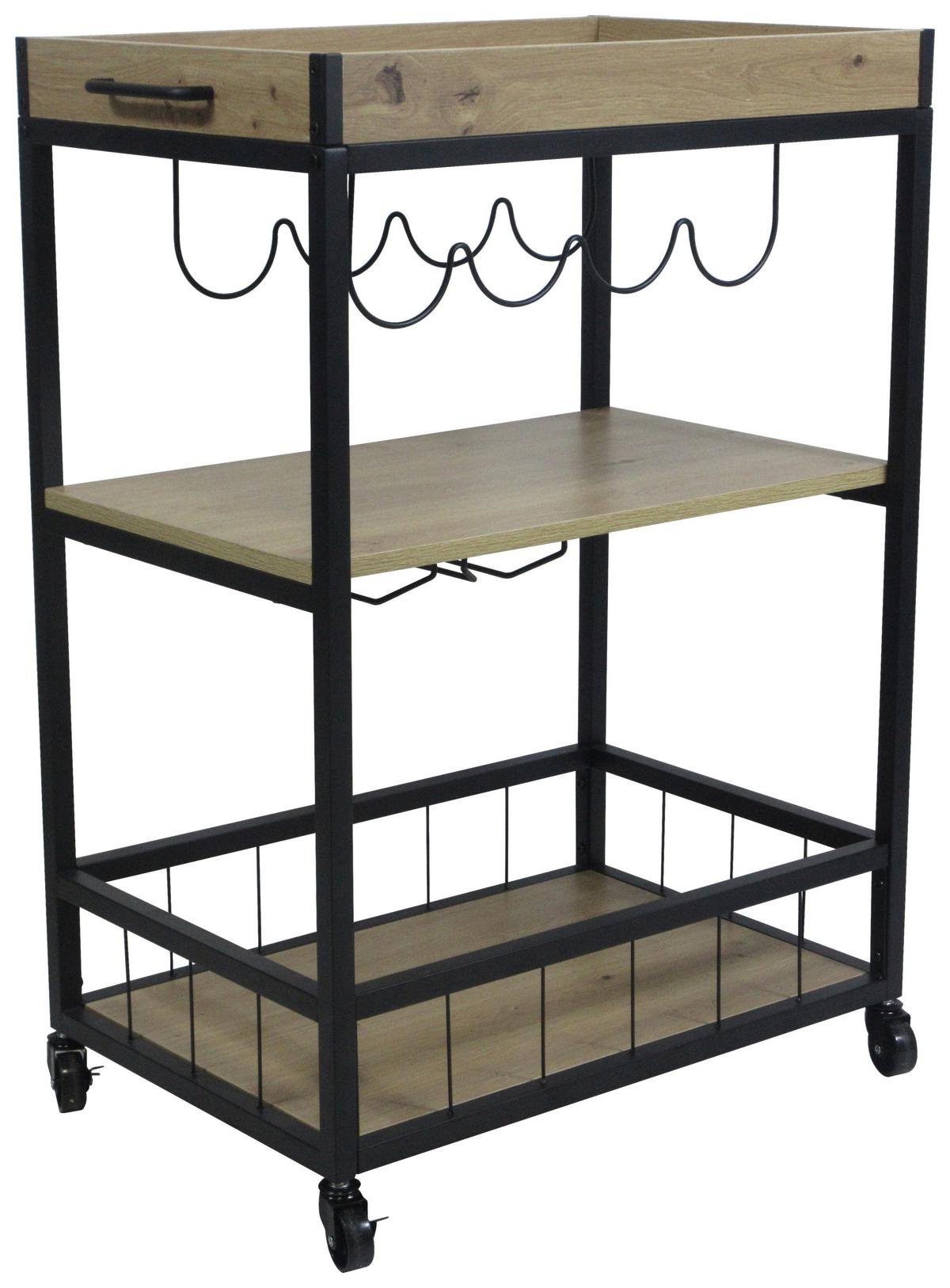 Servírovací vozík GRAZ - černá/přírodní barvy, Moderní, kov/kompozitní dřevo (67/88/39,5cm)