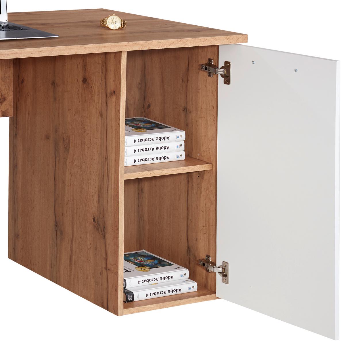 Schreibtisch mit Stauraum B 138 cm H 76cm Mx 143 Eiche Dekor - Eichefarben/Weiß, MODERN, Holzwerkstoff (138/76cm)