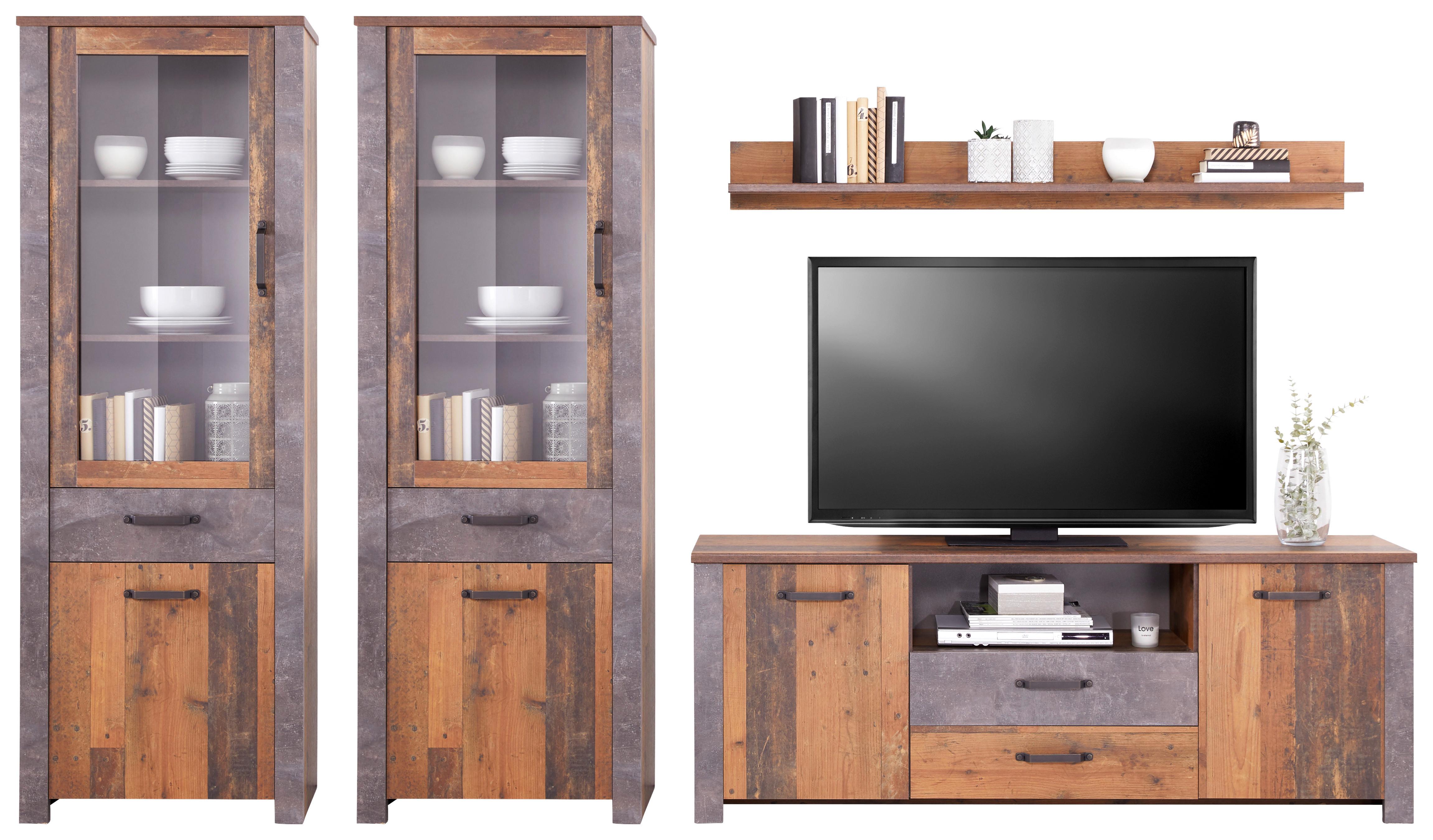 Wohnkombination 4 Tlg. Ontario, Old Style/betonoptik - Eichefarben/Dunkelgrau, Trend, Glas/Holzwerkstoff (318,8/200/41,5cm) - Ondega